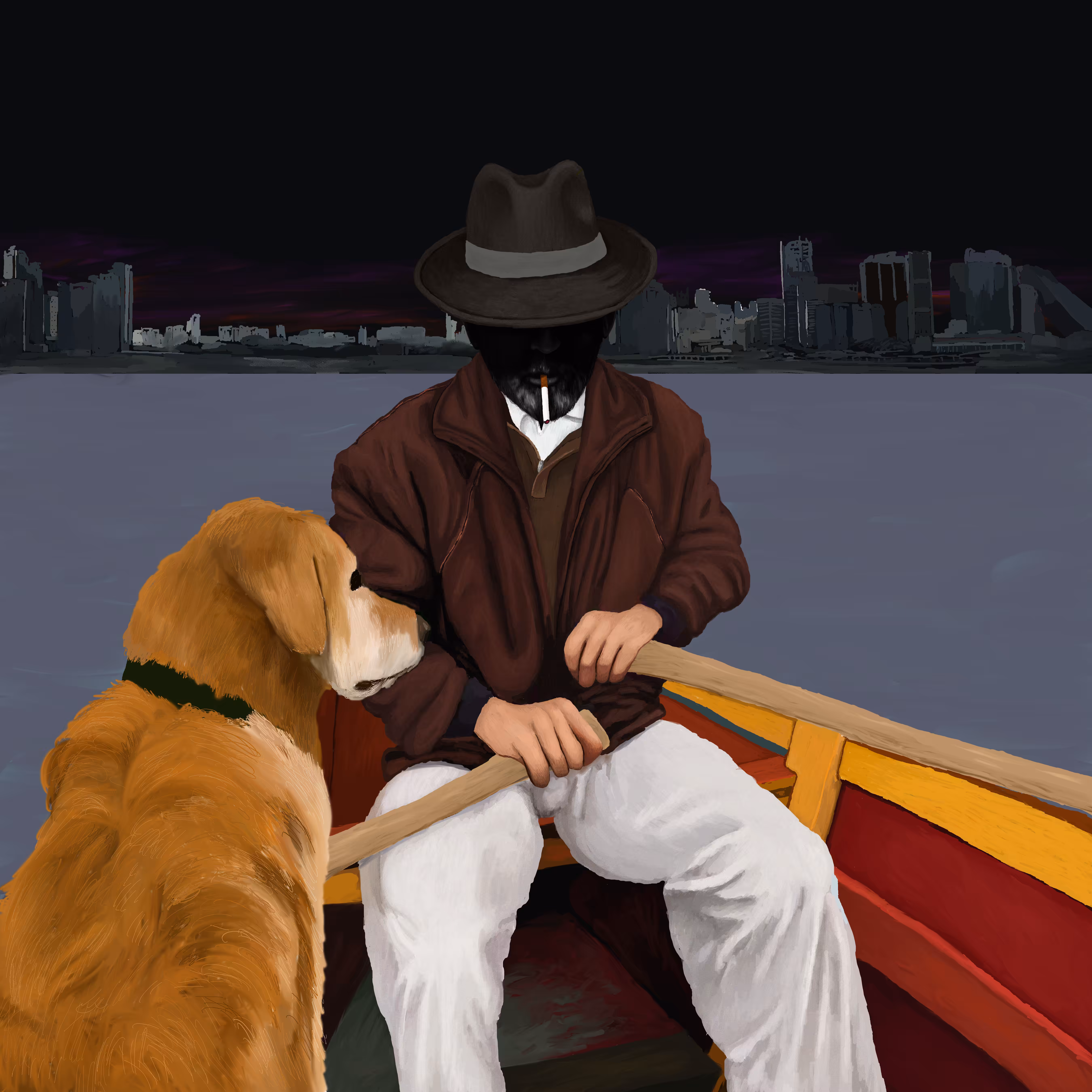 A man in a boat. With a dog