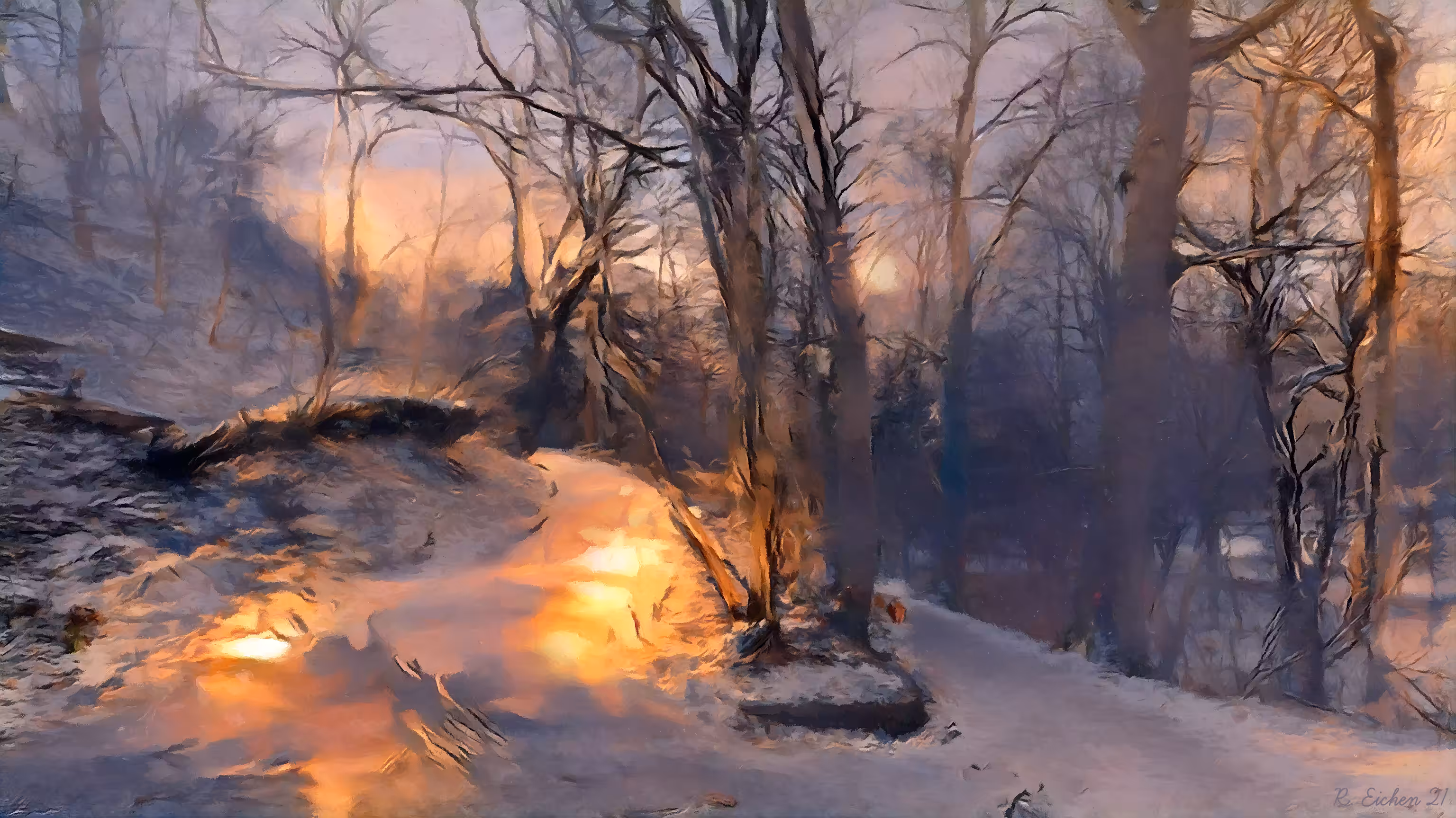 Snowy serpentine in warm light
