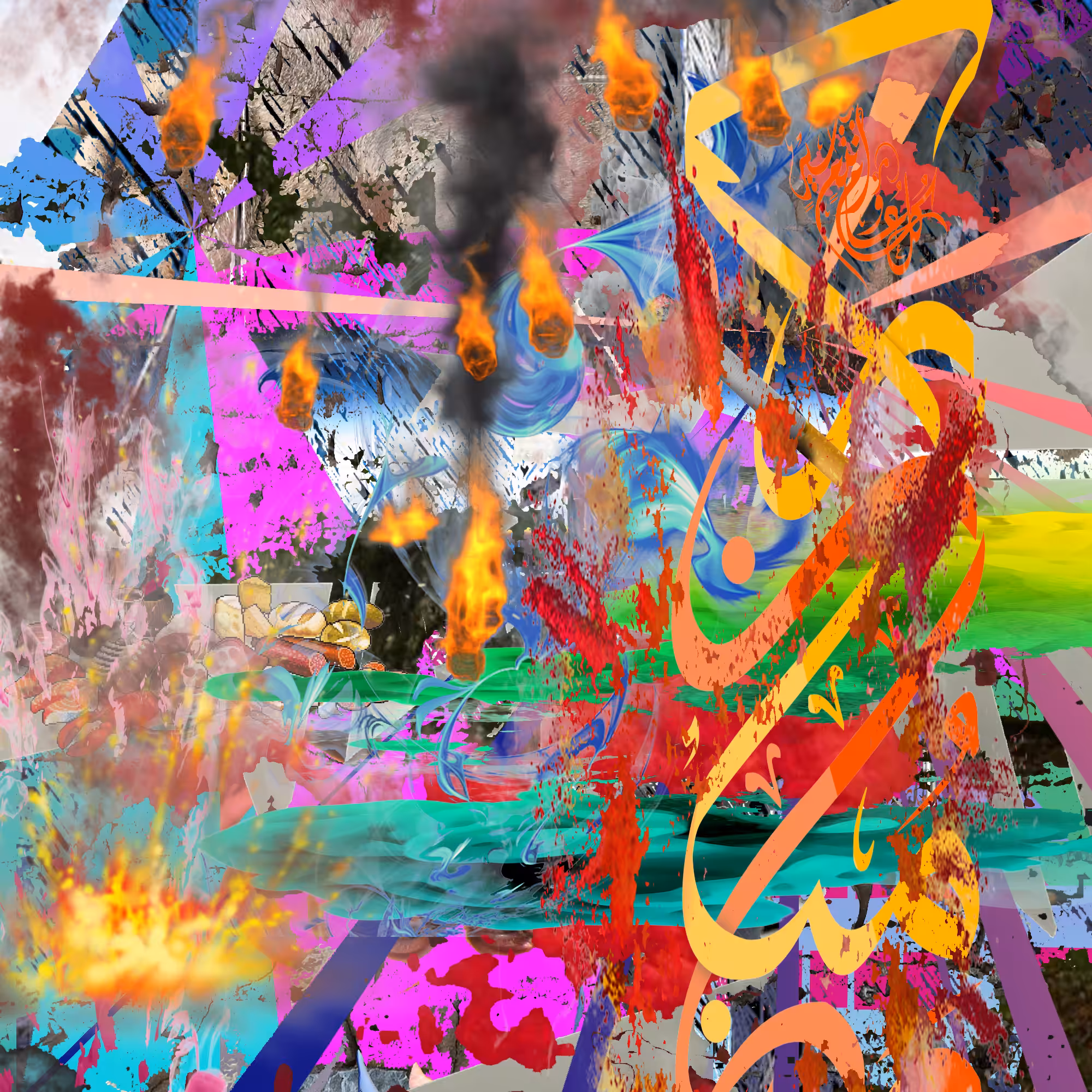 Flaming Aerospace Accident Rains Down on a Shanghai Parking Lot with an Extremely Fat Stray Dog, Kia Rio Hatchback, Charcuterie Feast and Cigarettes that Produce Colored Smoke