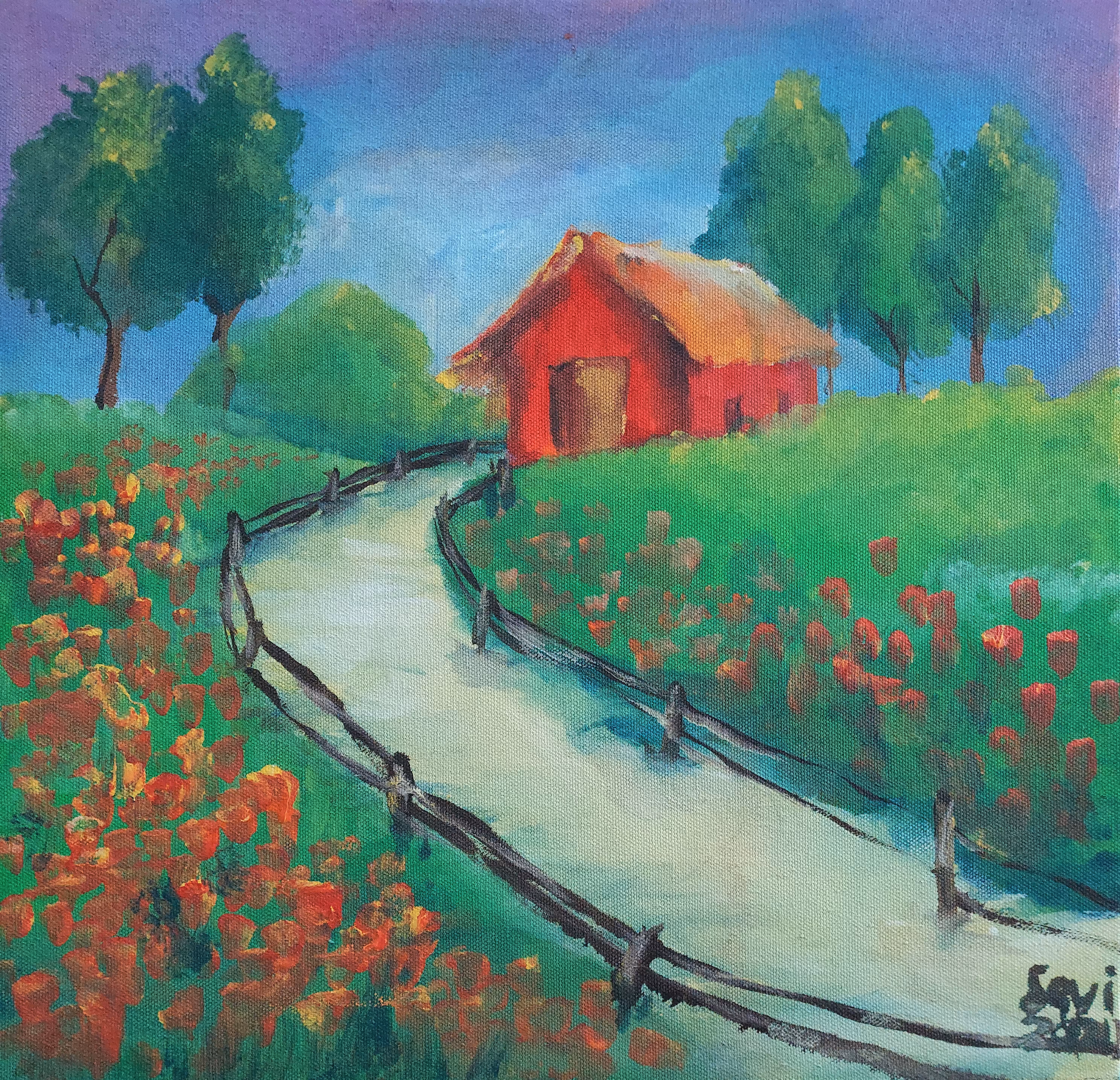 Red House and Flowers