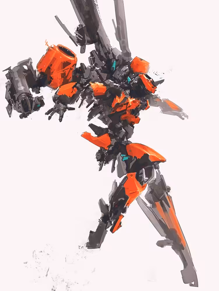 A orange mecha in the air
