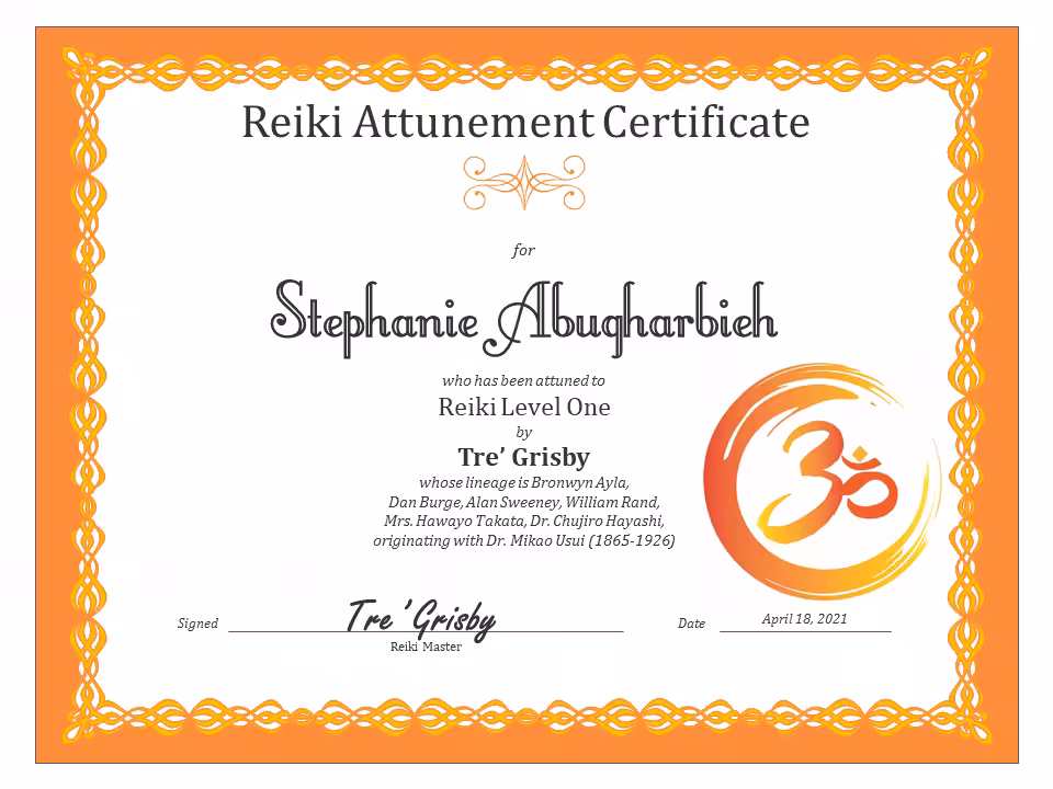SA Reiki Level One Certificate