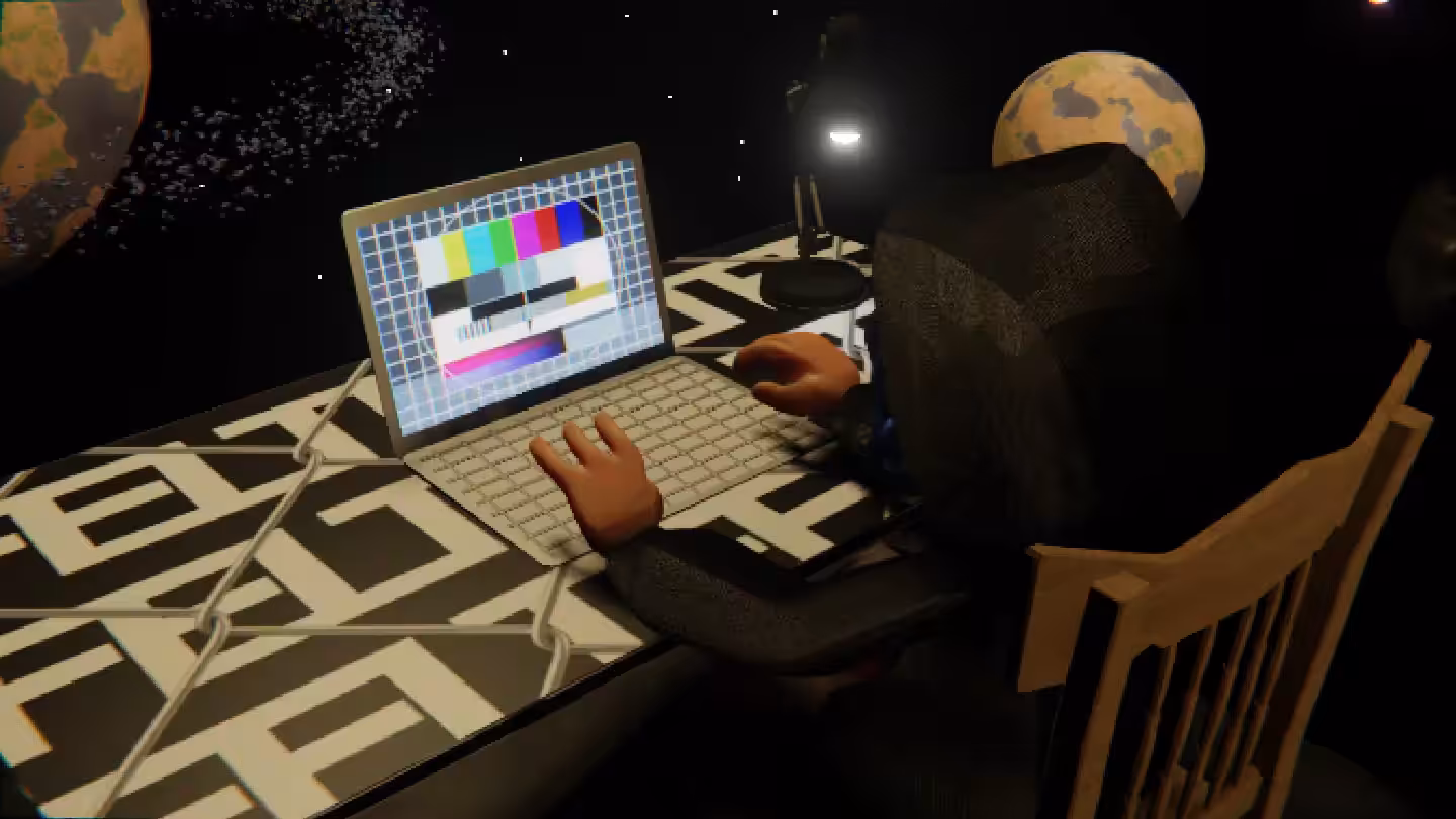 Desktop #172: The Hacker in the French Wood Chair With a Desk Lamp and a Please Stand By Monitor on a Barbed Wire Table in Space
