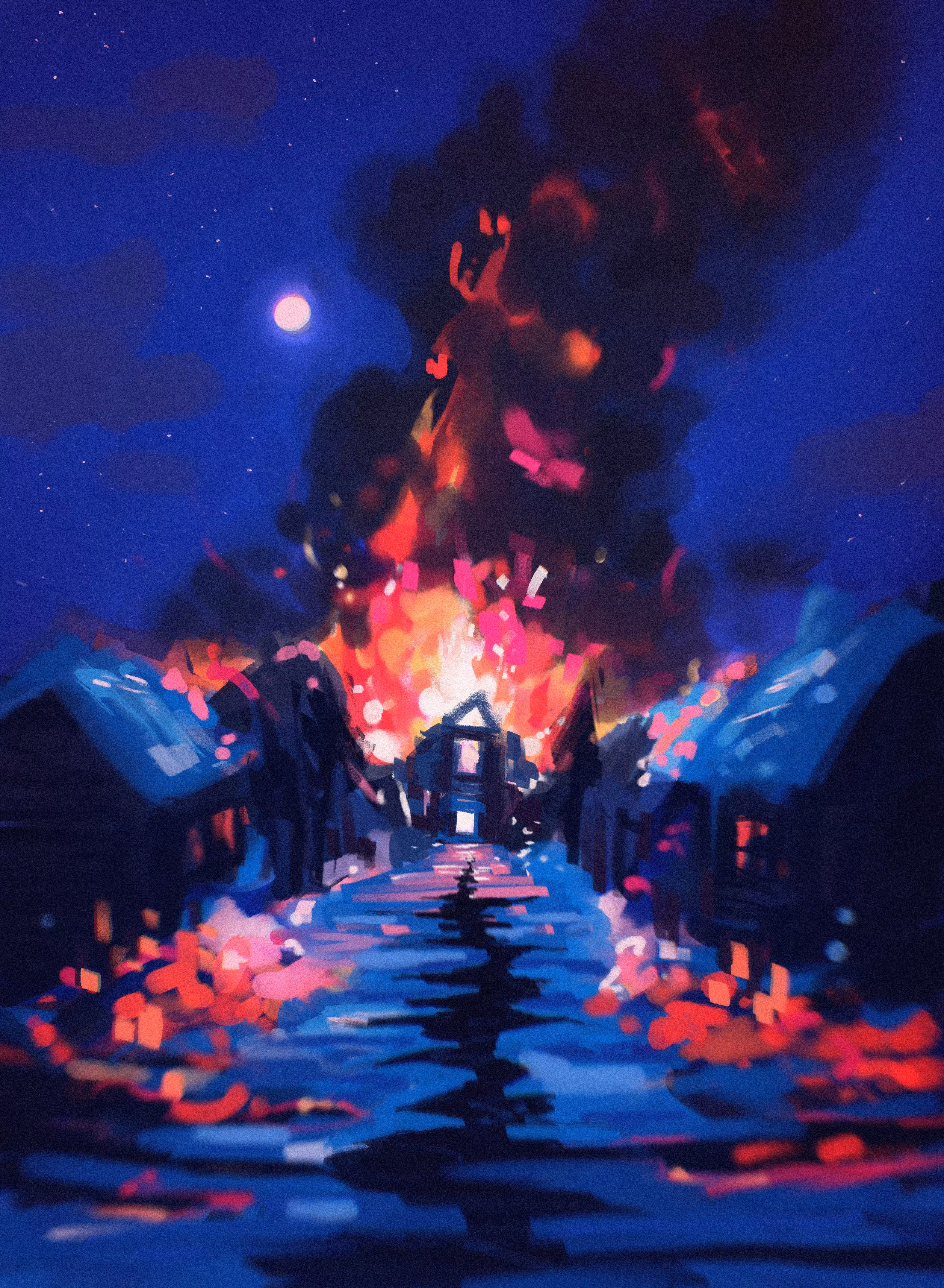 in flames