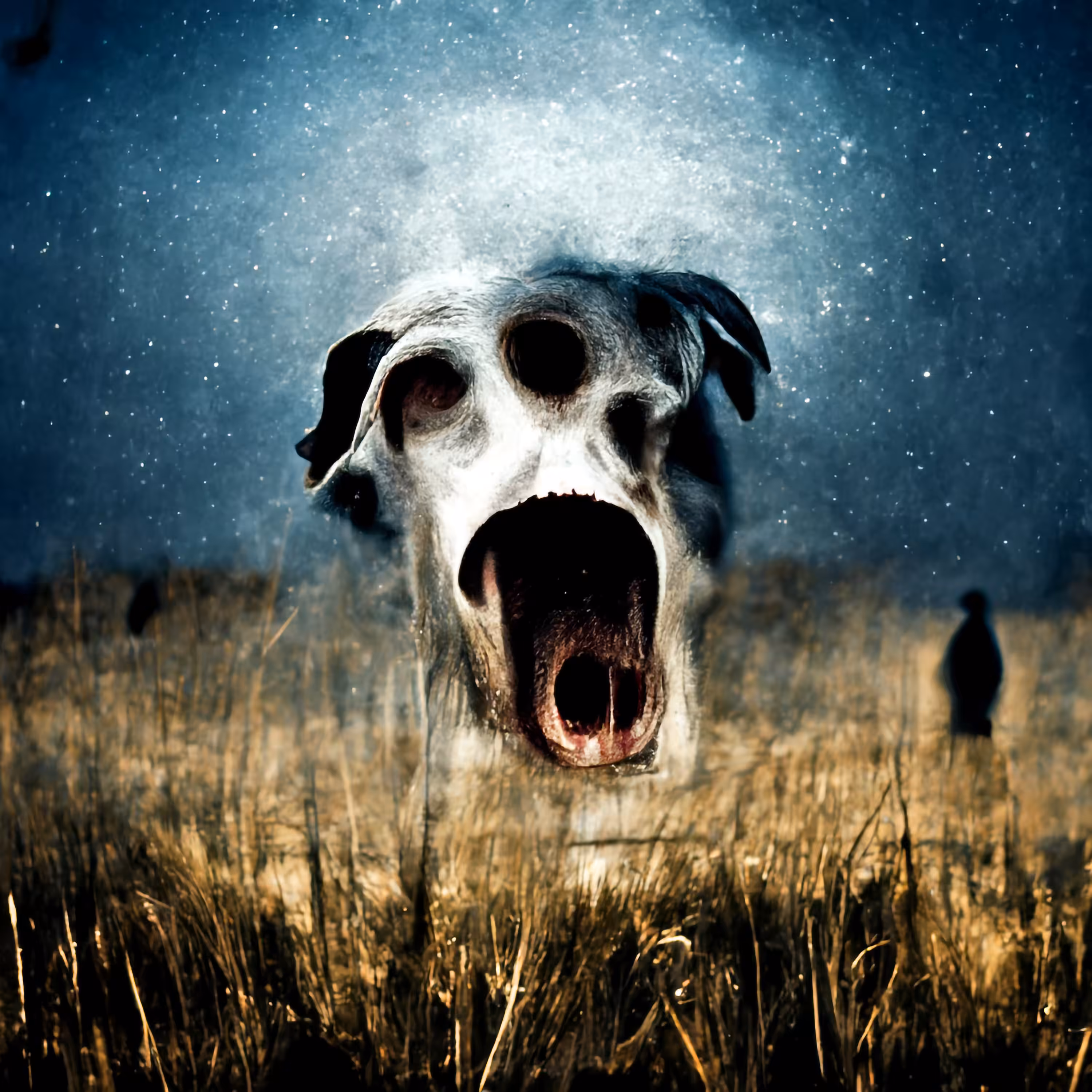 Beast of a Hound Under the Starry Sky Night in a Far Out Field with a Person Incognito