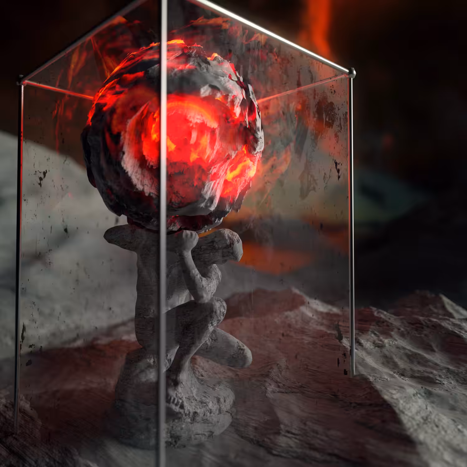 Atlas carrying the hot and melting embers of the world.