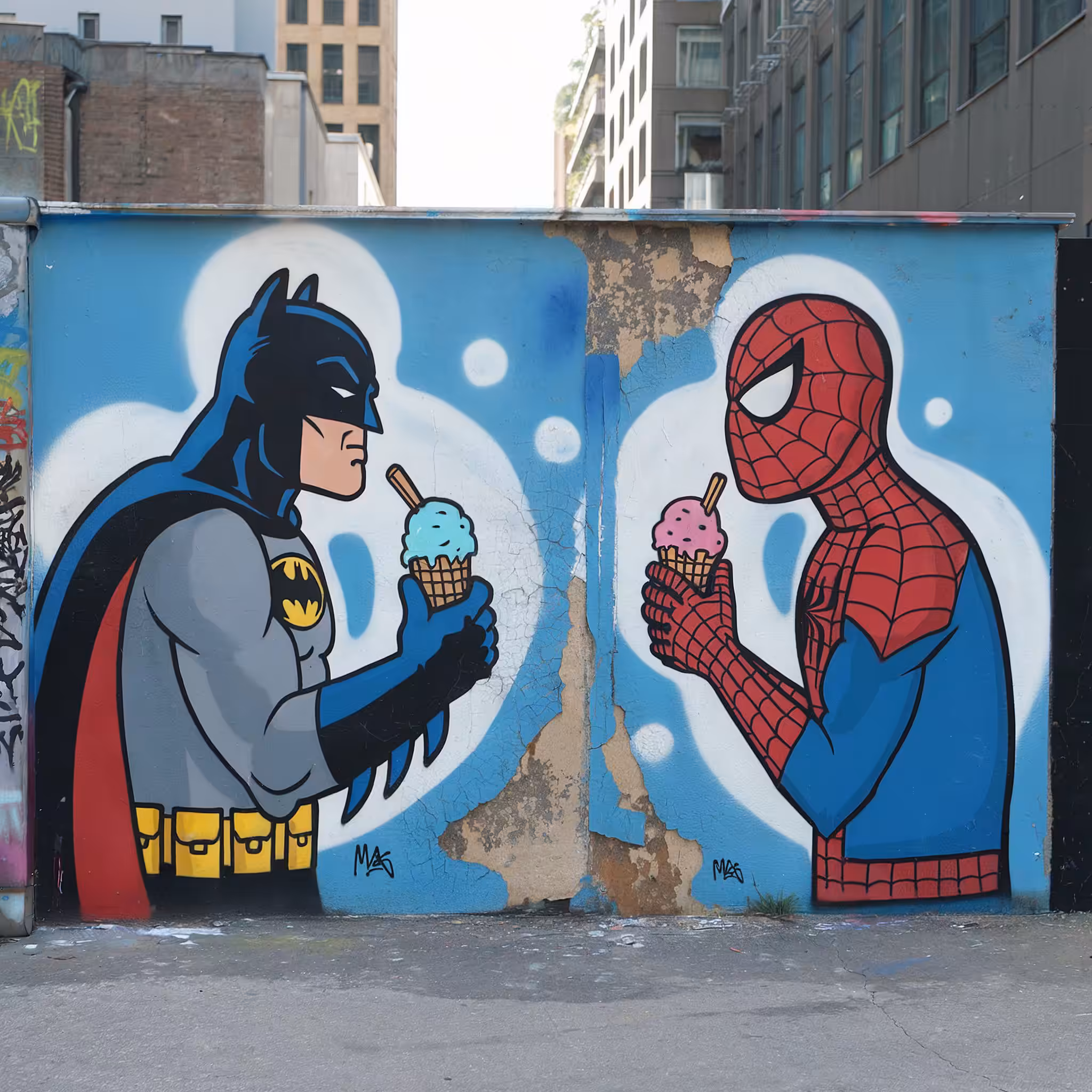 Batman and Spiderman eating Ice Cream
