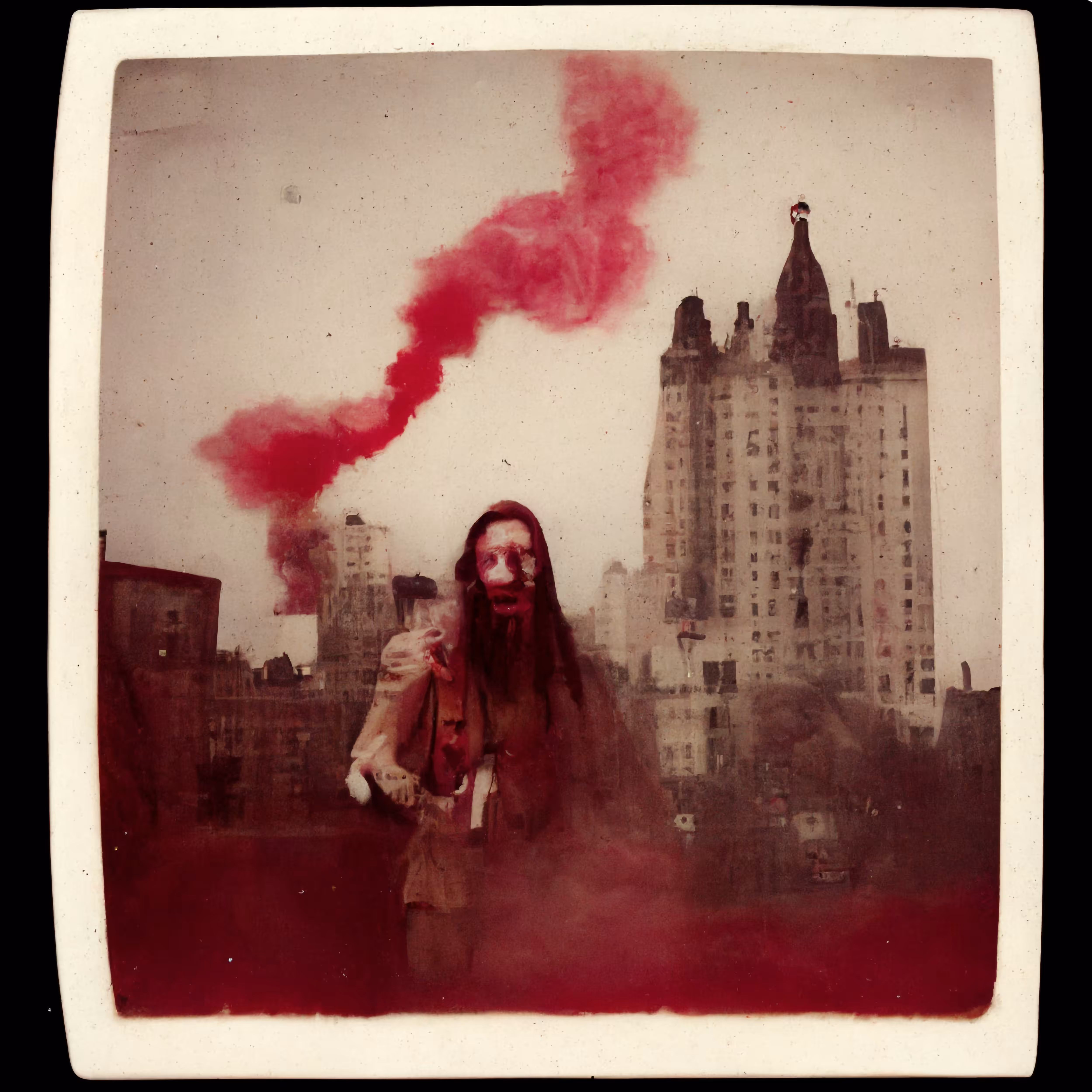 New York Polaroids #17: Bearded Man with Strange Red Smoke in the Background