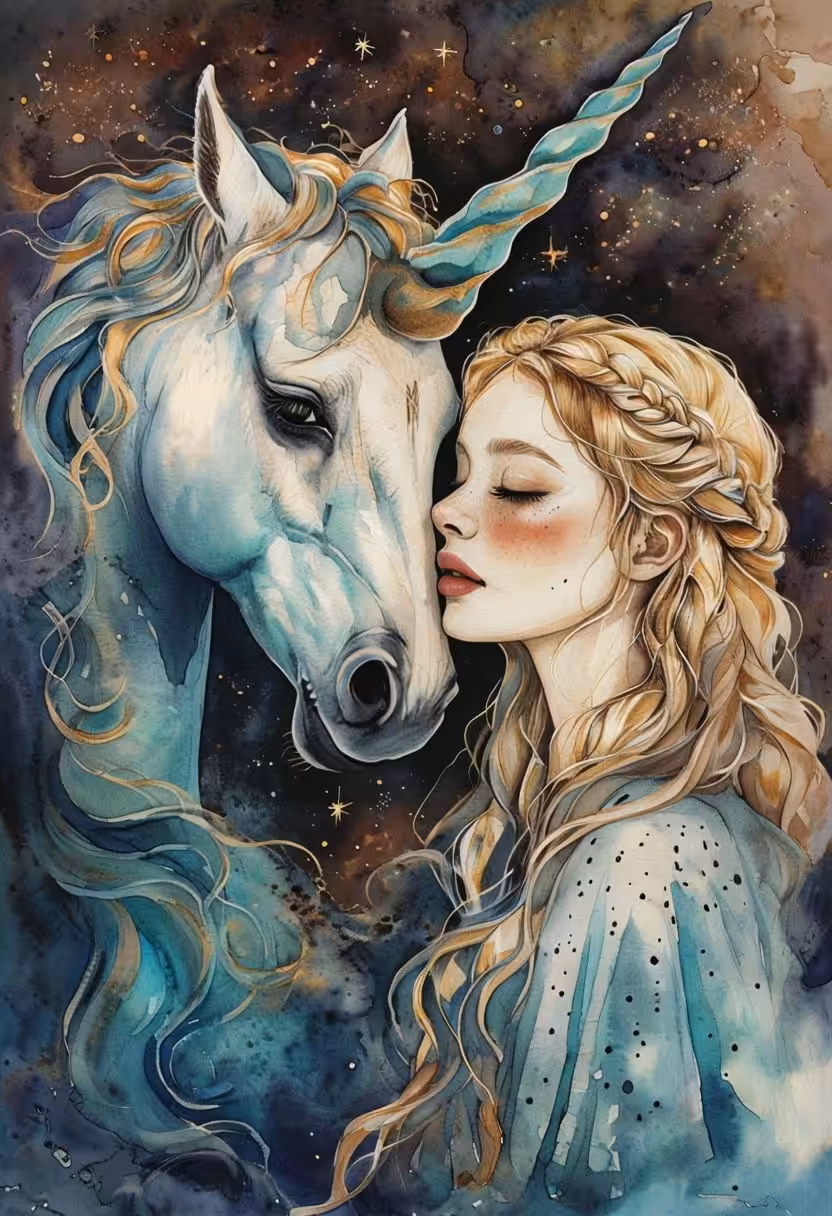 Young Woman Embraces Unicorn Under Cosmic Sky