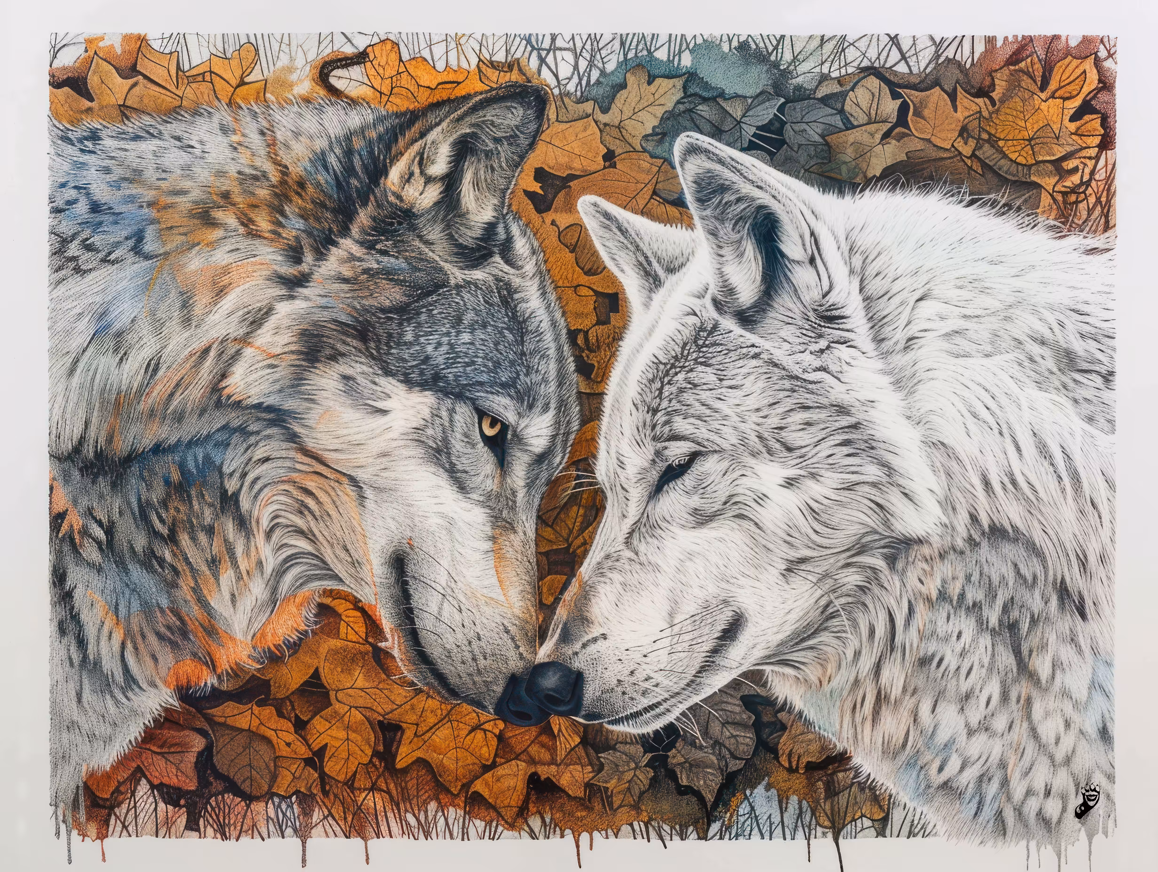 My One And Only: Wolves, Autumn Leaves AI Art Print