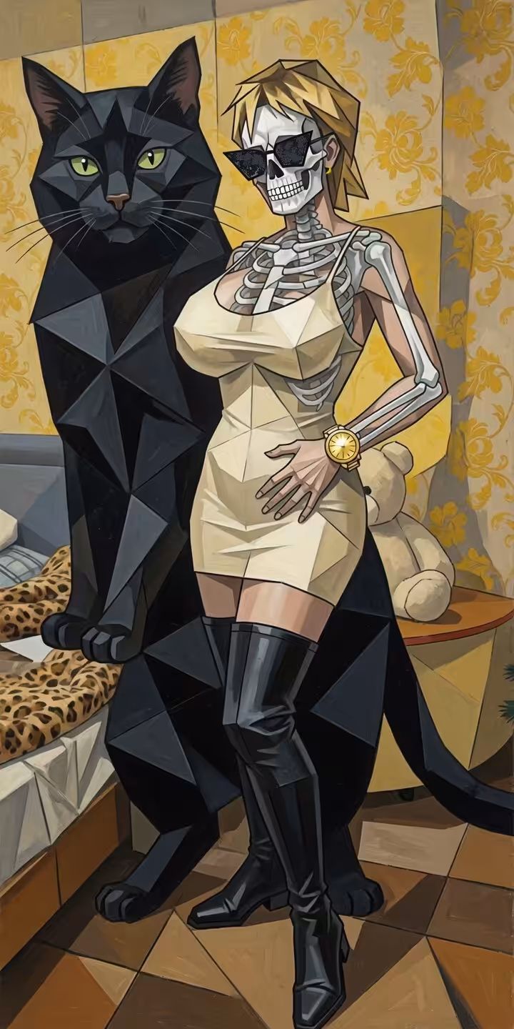 Skeleton girl. With a cat. Cubism.