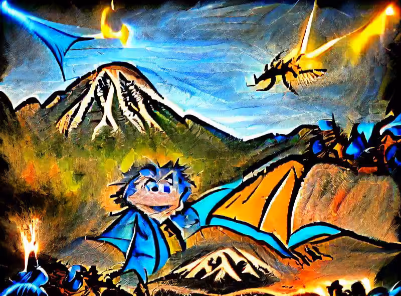 Abraham's First Works: A volcano erupts in the background as a dragon flies overhead. Bilbo draws his mighty dagger Sting, and a blue glow fills the darkness. Goblins appear from the shadows and surround him as he seeks