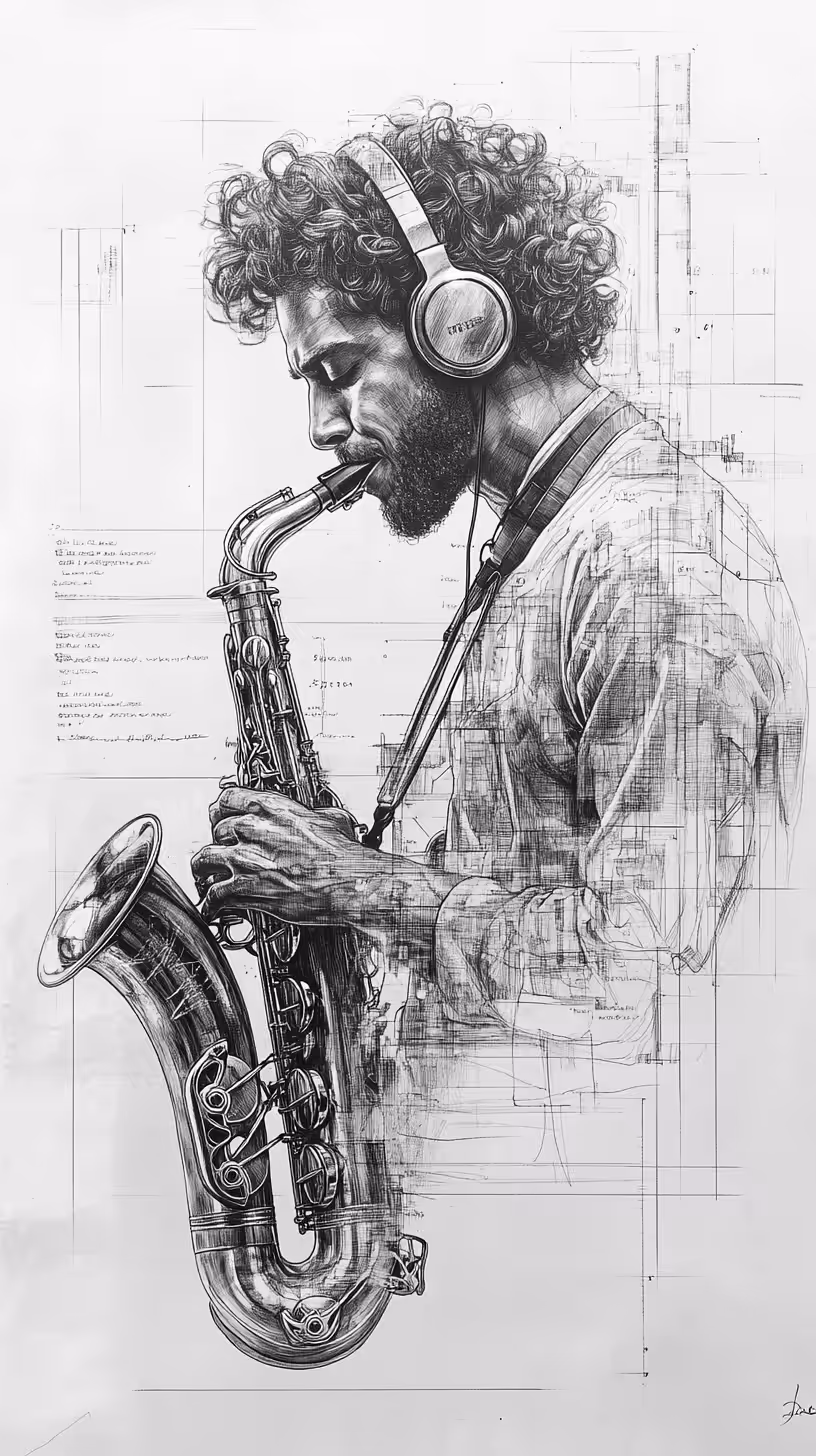 A handsome curly-haired man wearing headphones