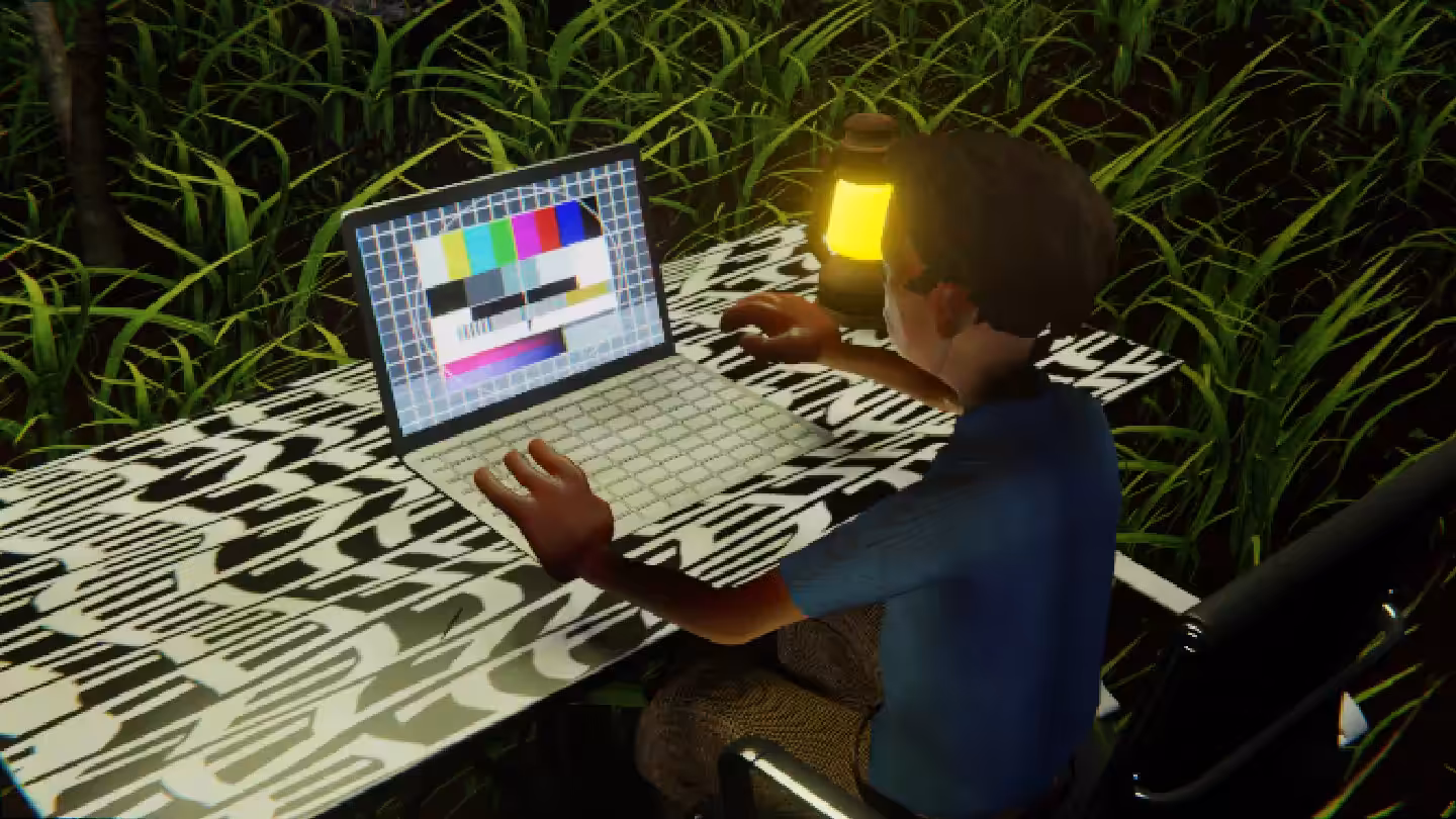 Desktop #117: The Developer in the Black Slim Chair With a Gas Lamp and a Please Stand By Monitor on a Pattern Table in The Forest