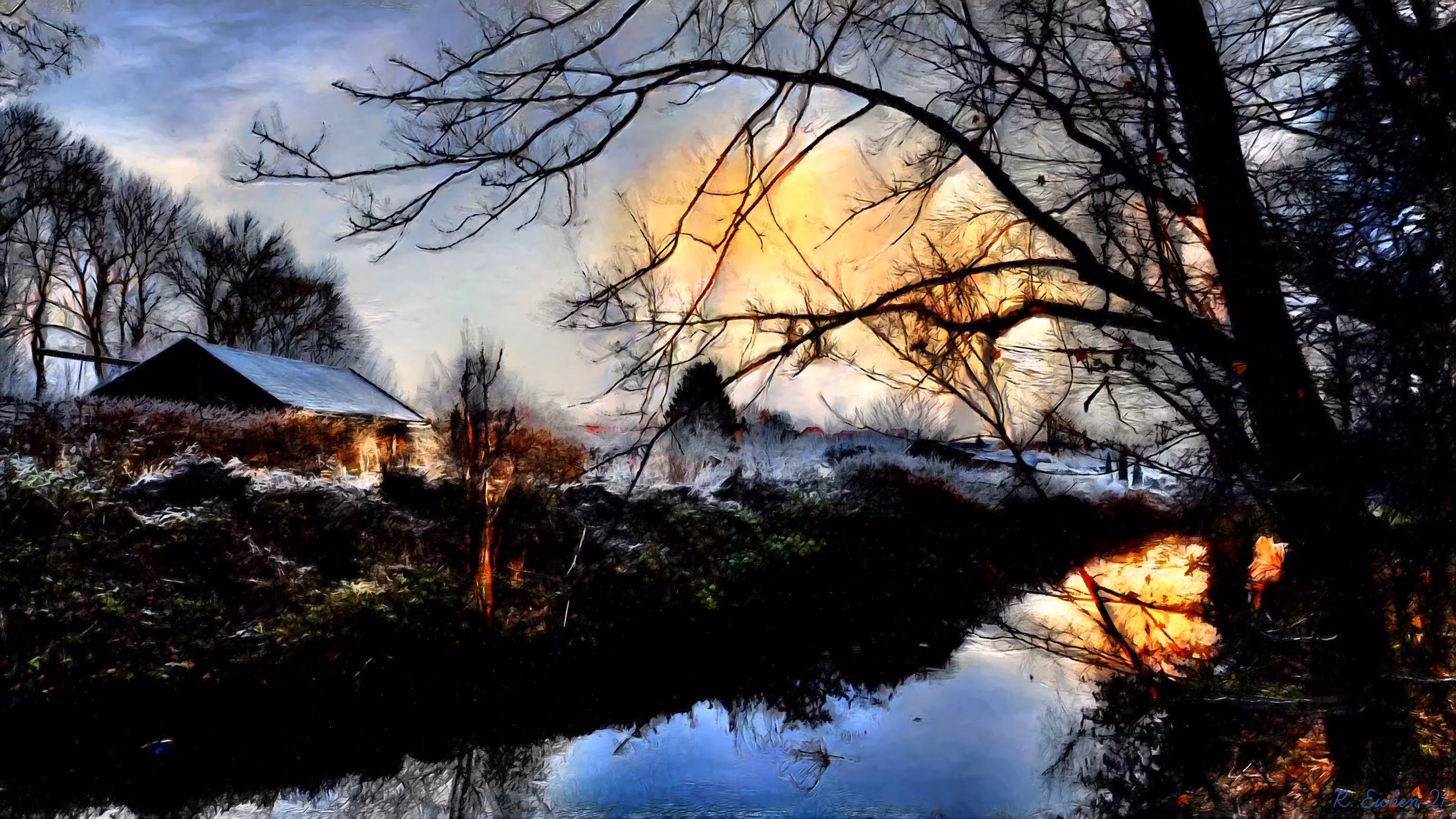 Hut by the river on a winter night