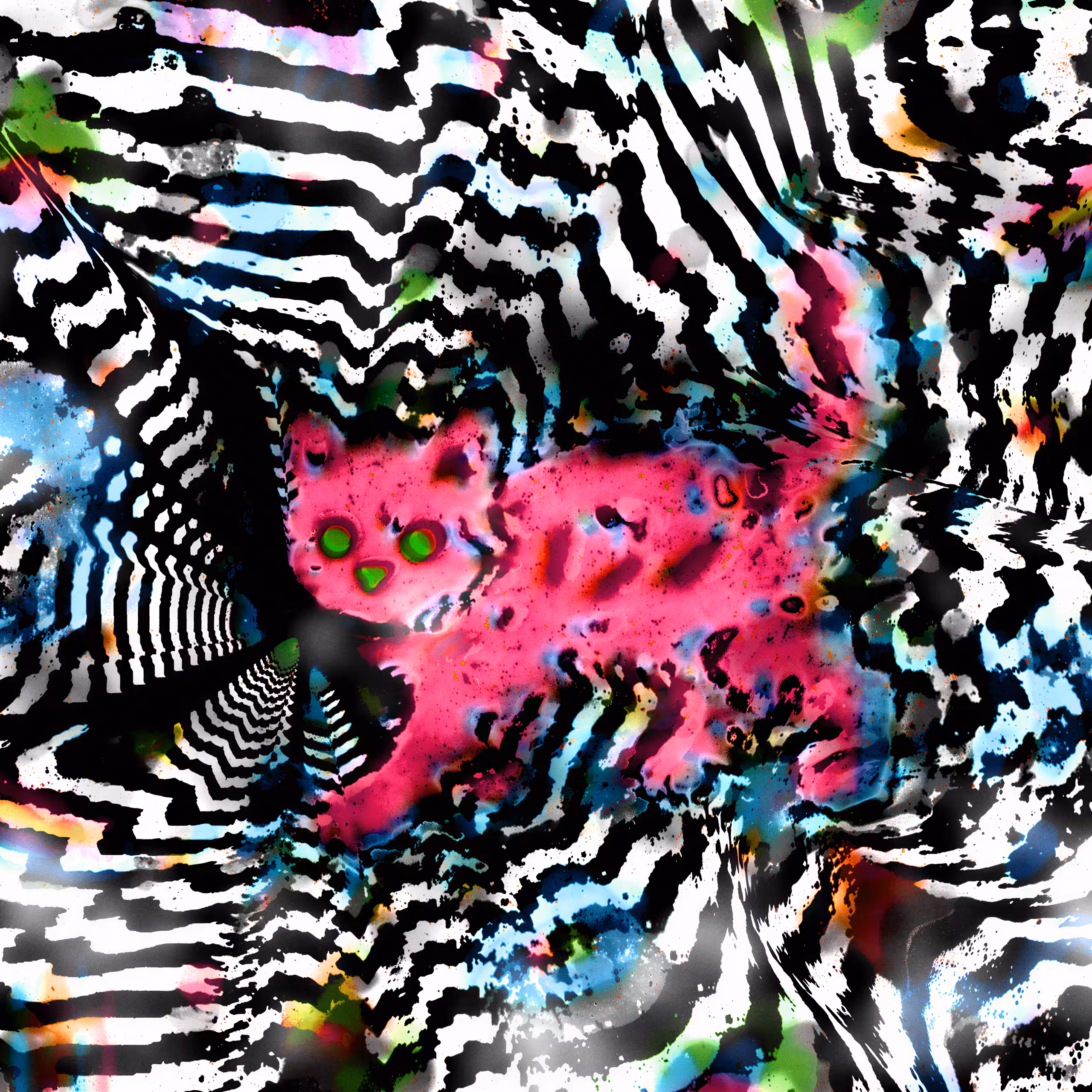 ピンクの幽霊猫が  Steps Through A Tunnel Of Trembling Stripes