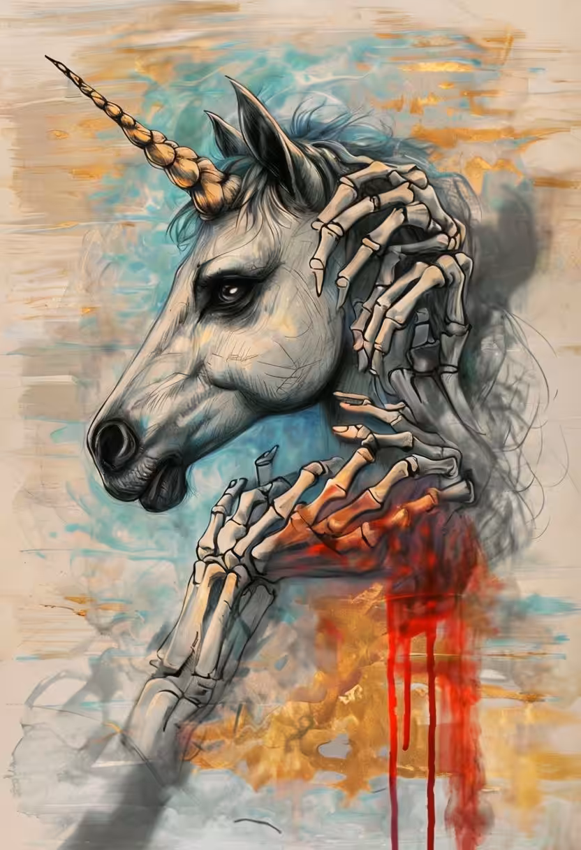 Unicorn Head Sketch Surrounded By Skeletal Hands In Fluid Texture