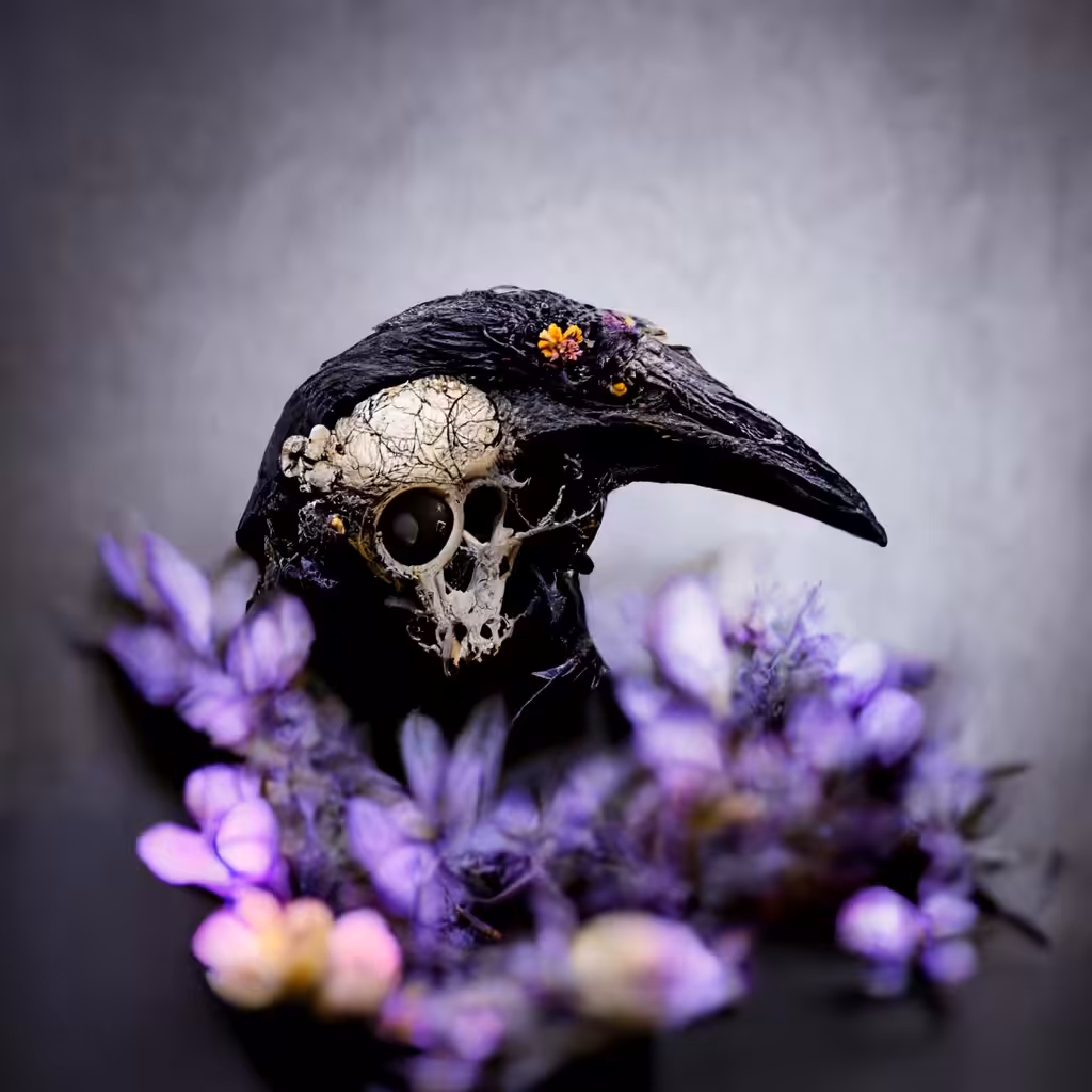 Raven, Skull, Flower