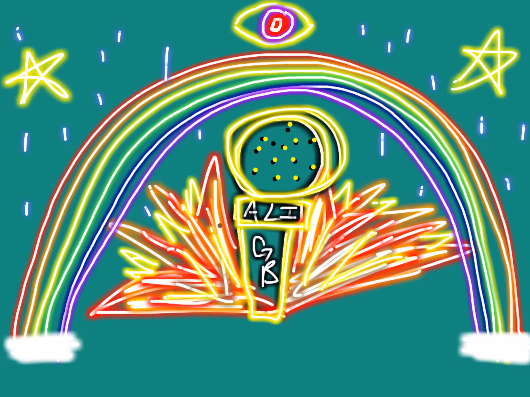 Gb-Ali: Golden Doodle mic on fire (GB-ALI) w/ rainbow, rain, stars and eye