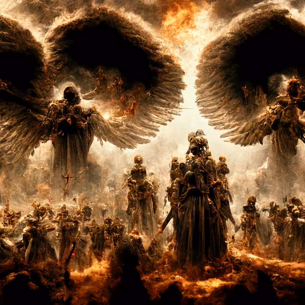 Straggling souls in hell protected by angels of death