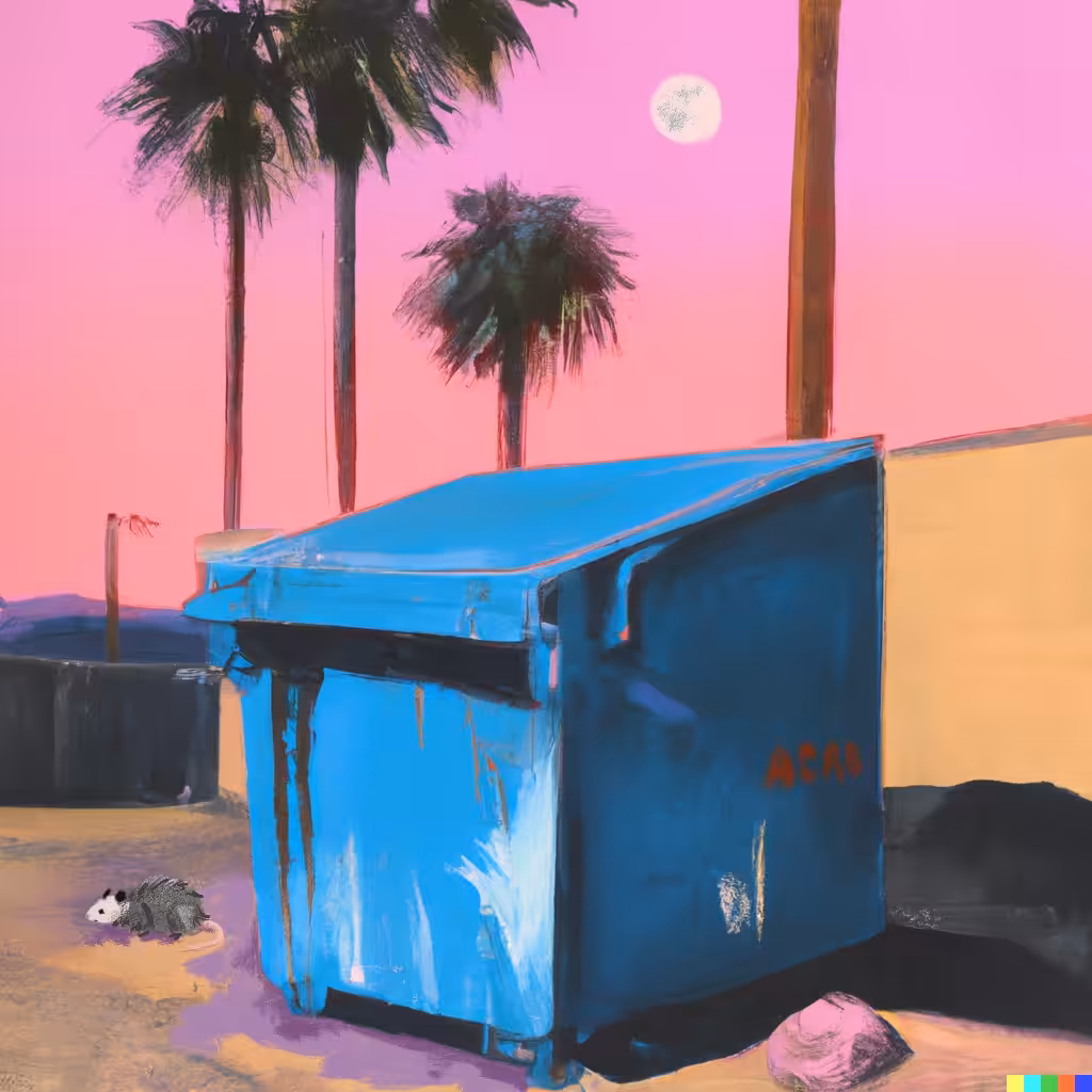 dumpster at sunset with possum
