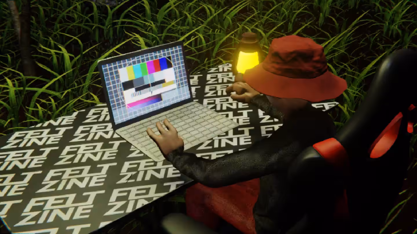 Desktop #247: The Hypebeast in the Gaming Chair With a Gas Lamp and a Please Stand By Monitor on a Felt Zine Table in The Forest