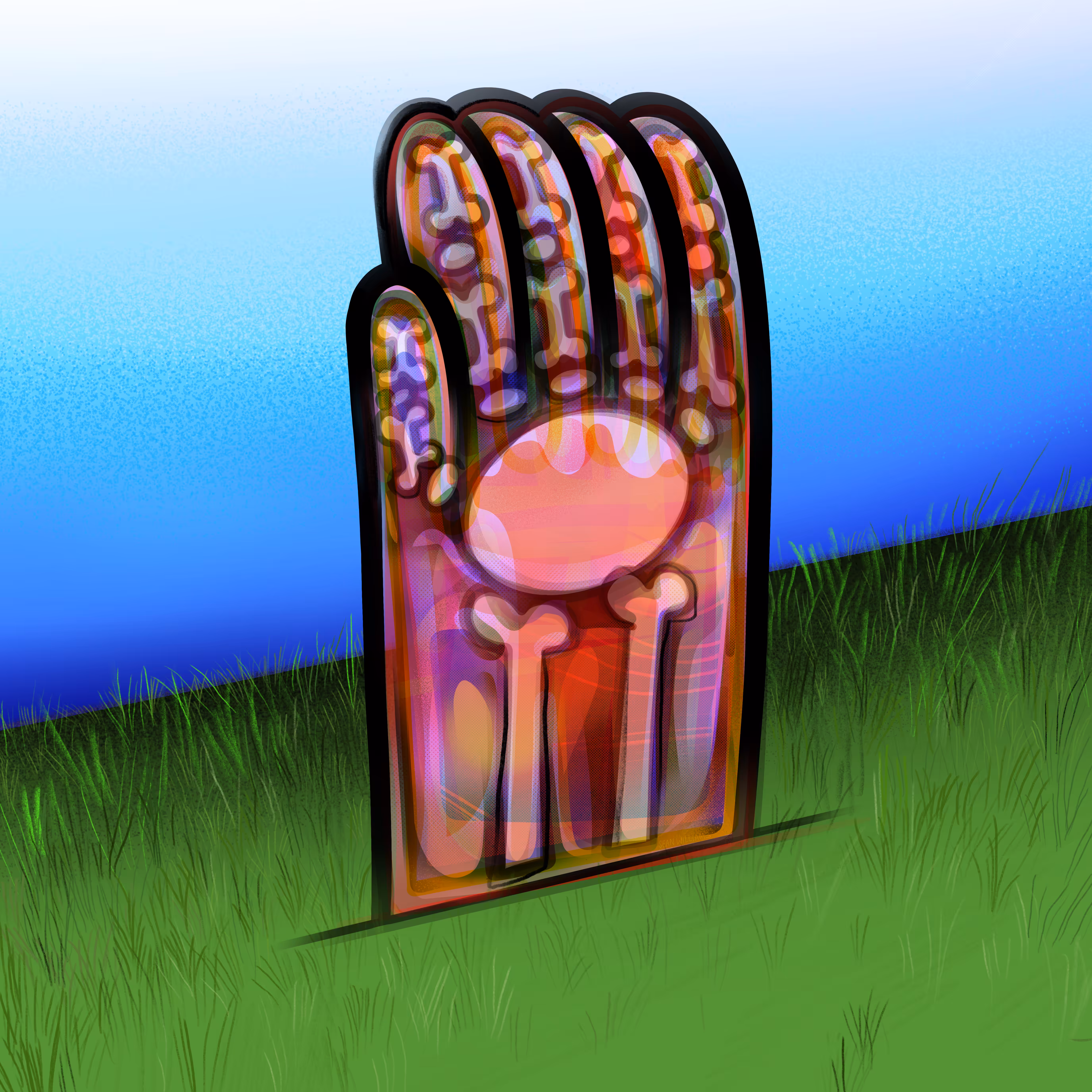 RED HAND, BLUE BACKGROUND