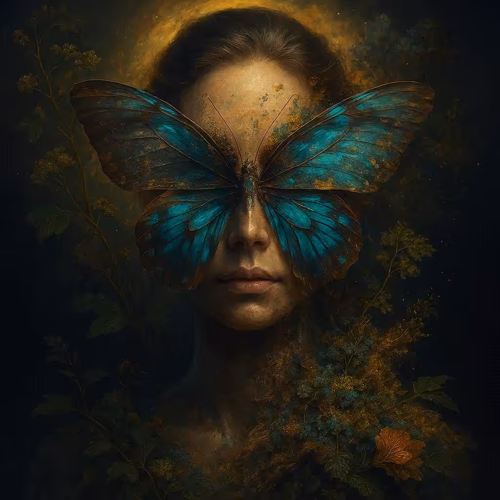 A woman with a butterfly on her face