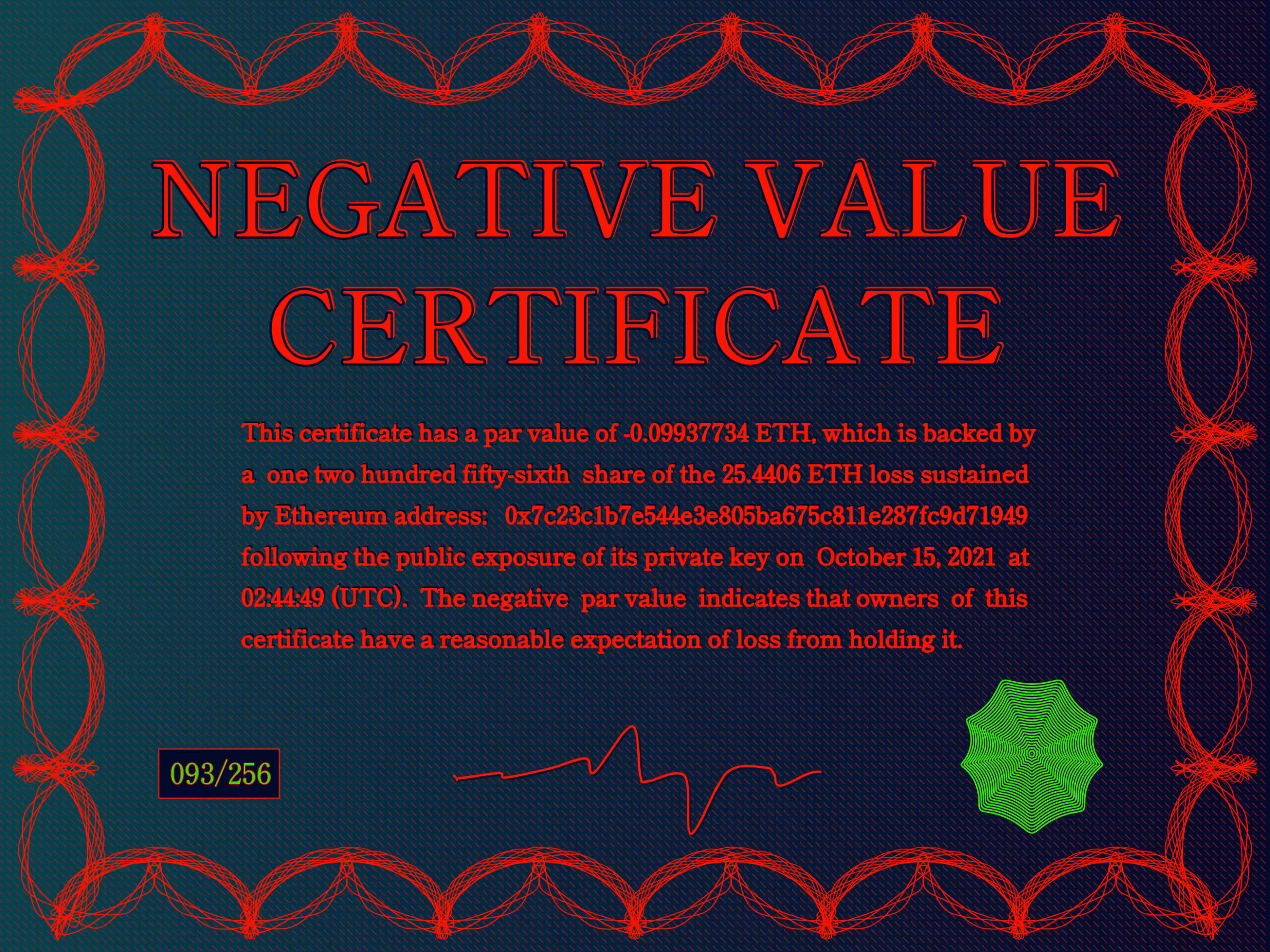 Negative Value Certificate #93 of 256