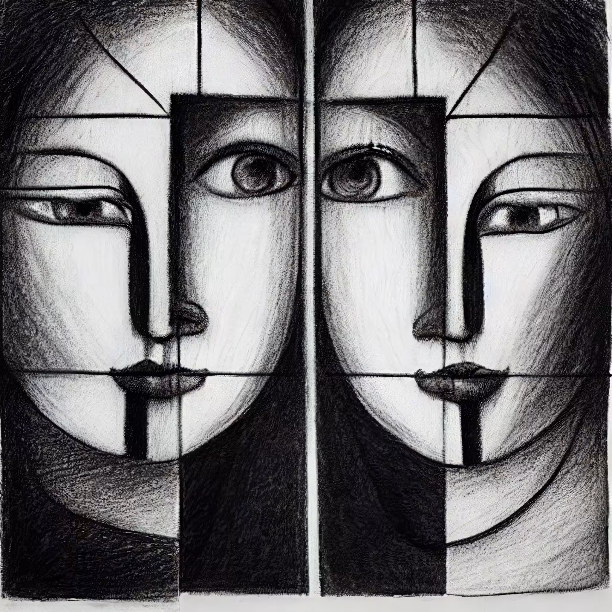 Cubism Charcoal Drawing of Two Girls