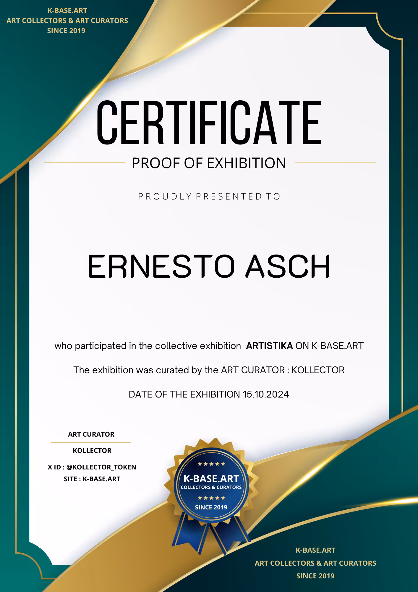 ERNESTO ASCH ARTISTIKA EXHIBITION CERTIFICATE