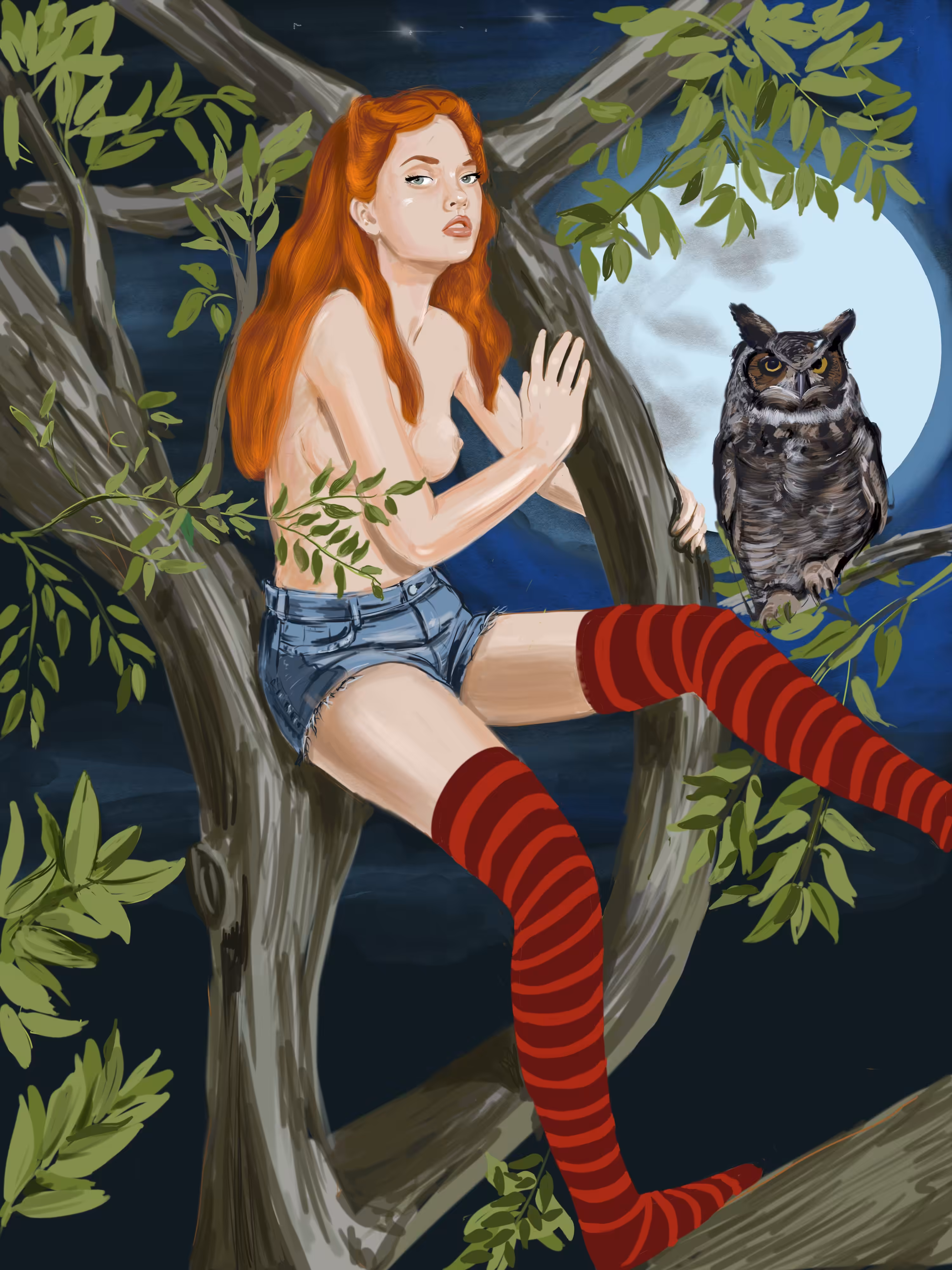 Night, woman and owl