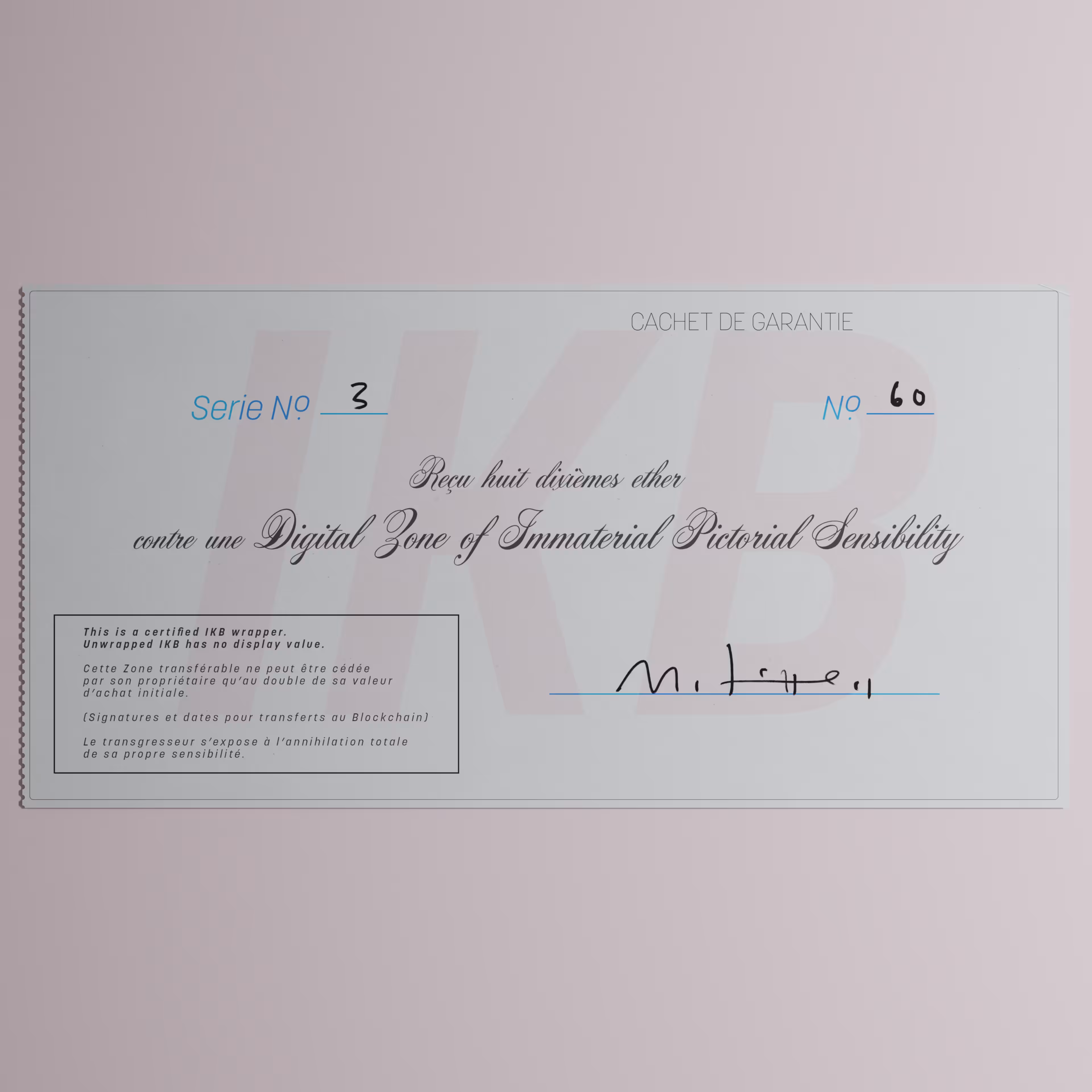 Digital Zone of Immaterial Pictorial Sensibility, Series 3, Edition 60. (Wrapped)