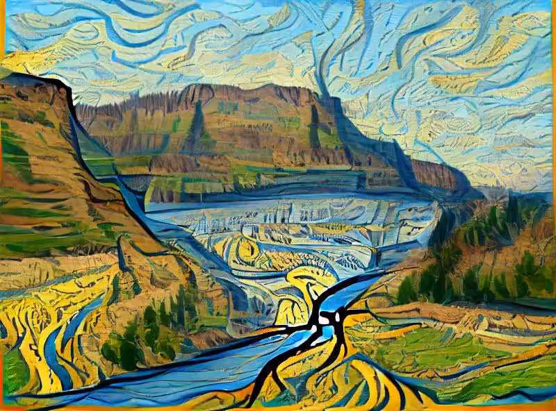 Abraham's First Works: a painting in the style of van gogh of the columbia river gorge