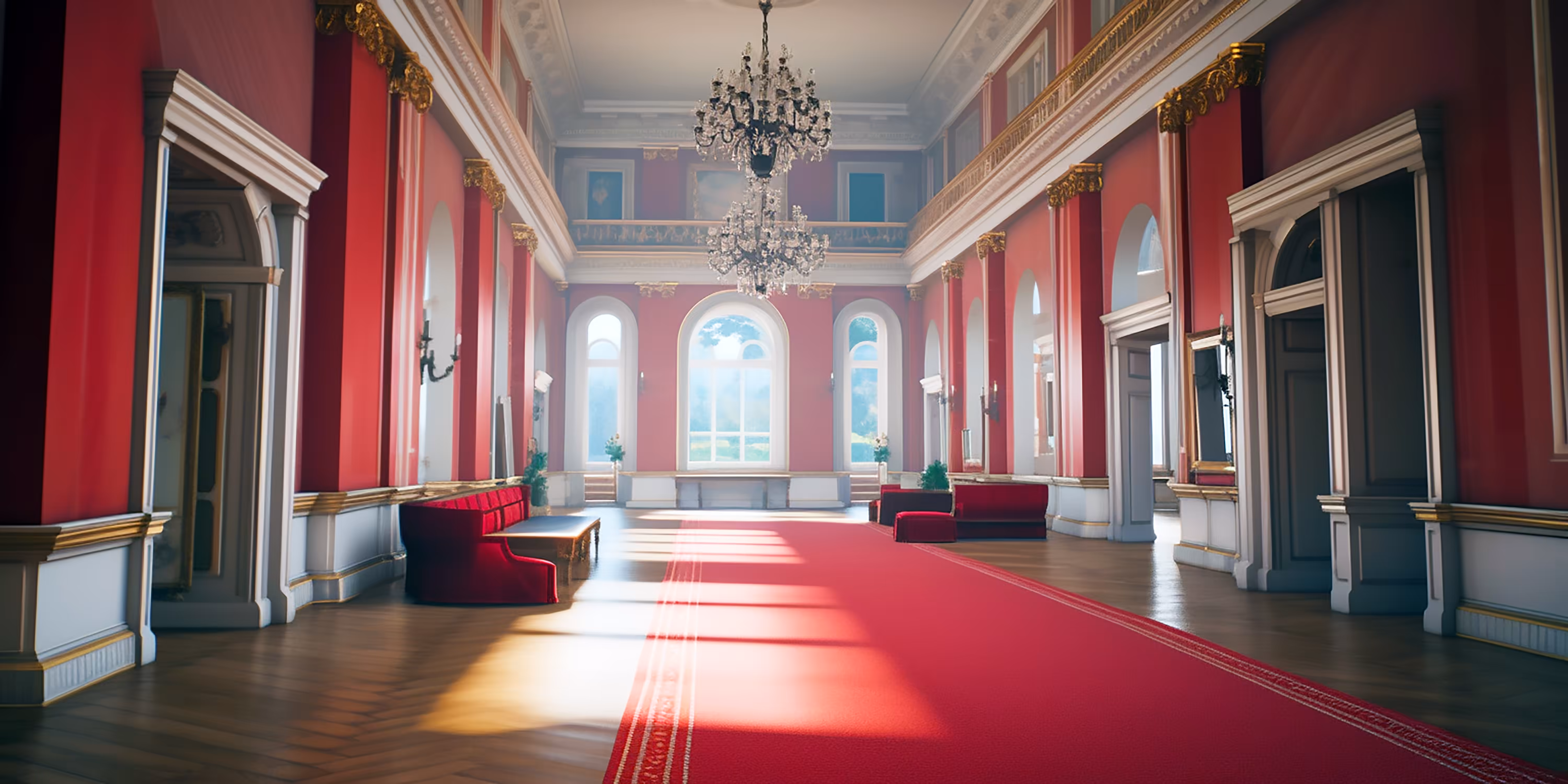 Sunlight Pours onto the Red Carpet in the Quiet Mansion