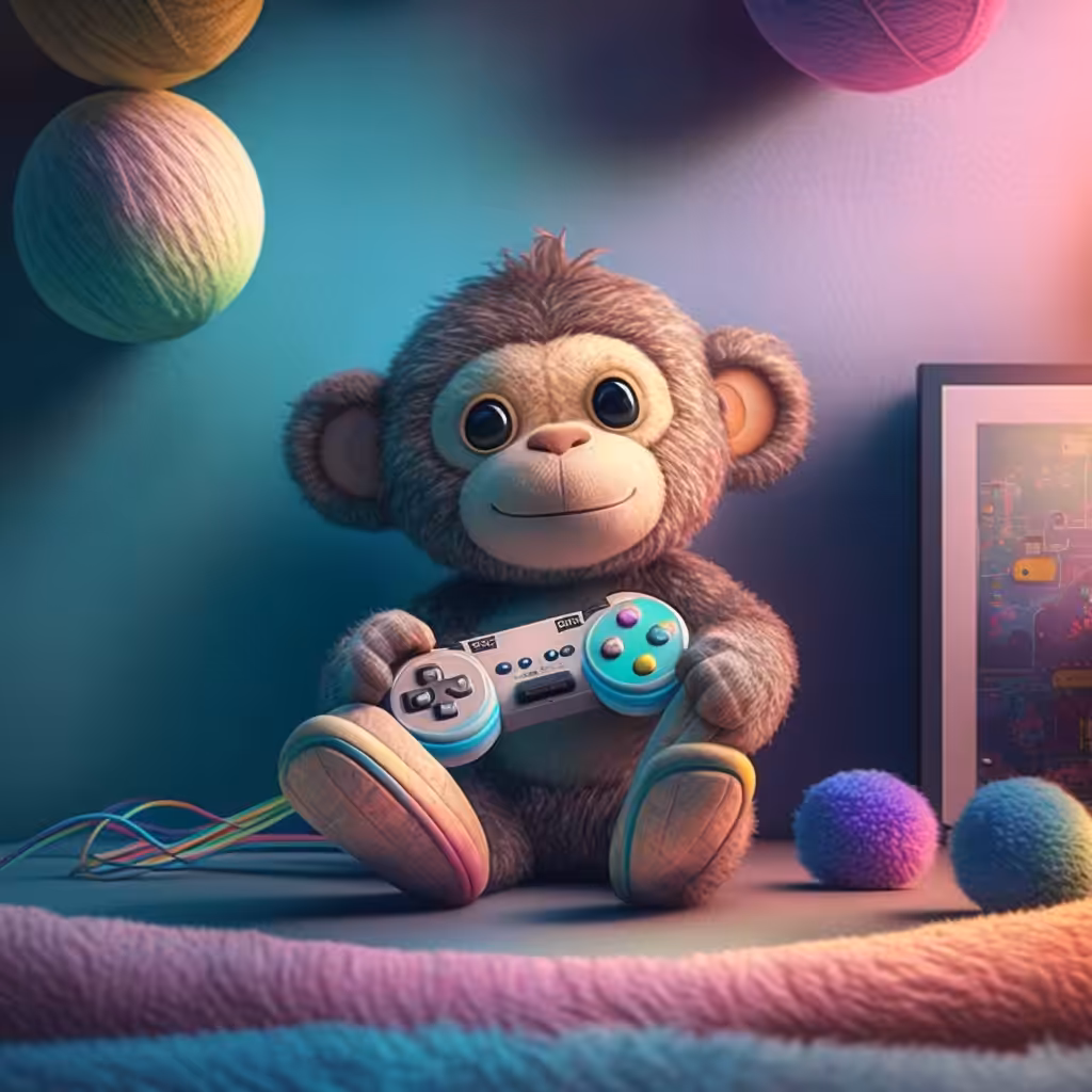 Little cute monkey playing on playstation