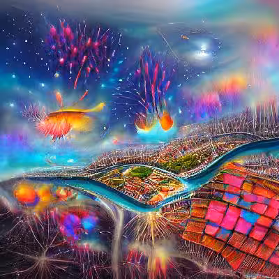 Birds-eye View of Riverside Fireworks over City 02