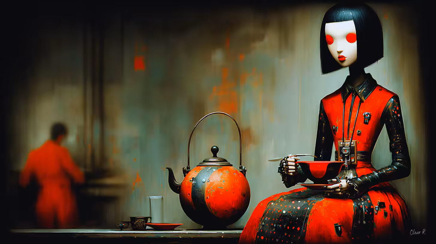 Dolls Collection by Oliver R: "Teapot and Robot" signed by "Oliver R"