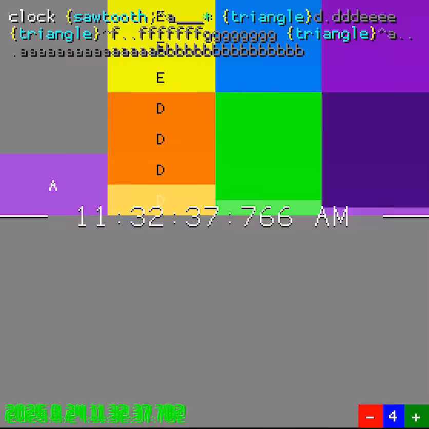 clock {sawtooth}^a___* {triangle}d.dddeeee {triangle}^f..fffffffgggggggg {triangle}^a...aaaaaaaaaaaaaaabbbbbbbbbbbbbbbb