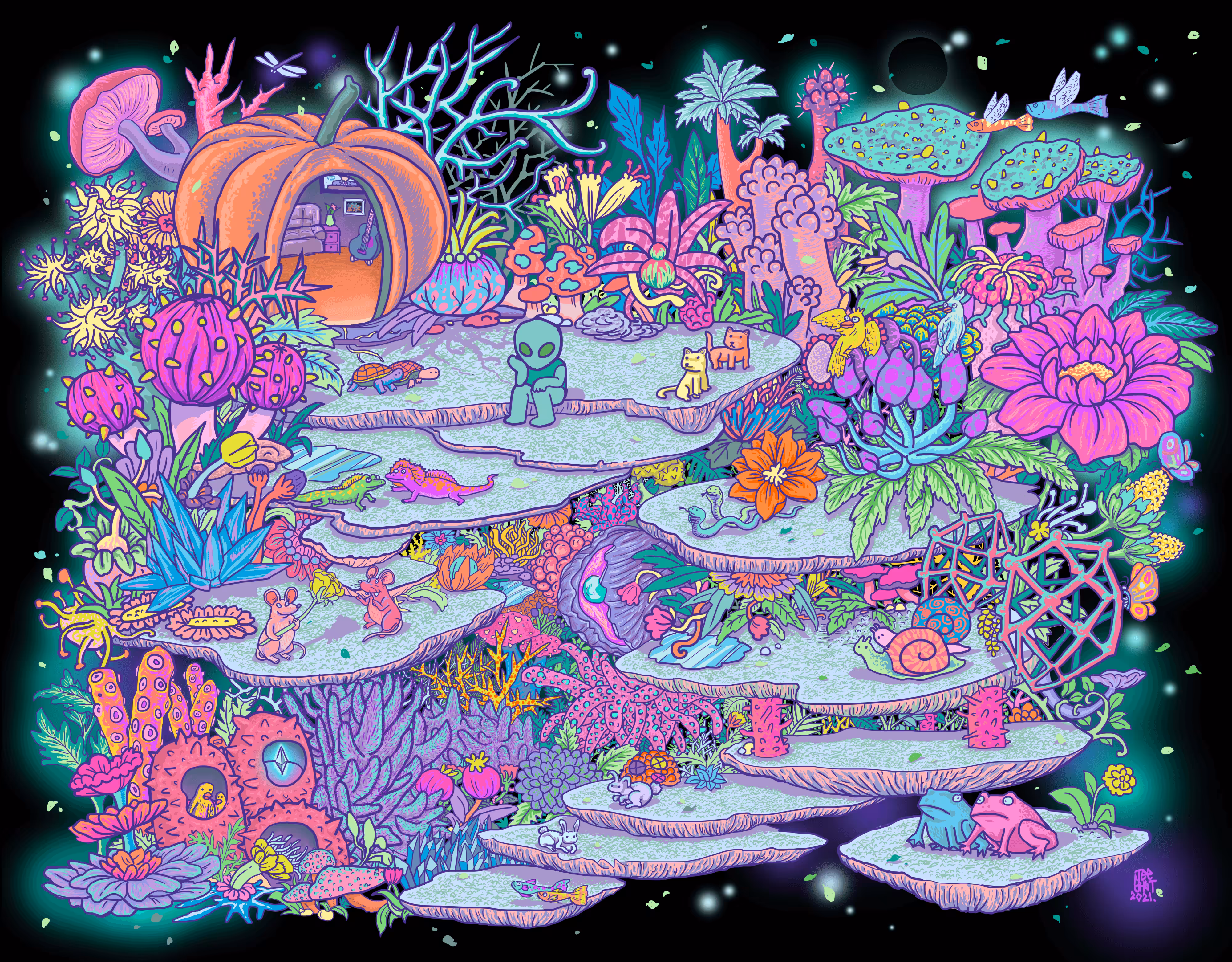 LIEN ALONE IN PASTEL GARDEN.