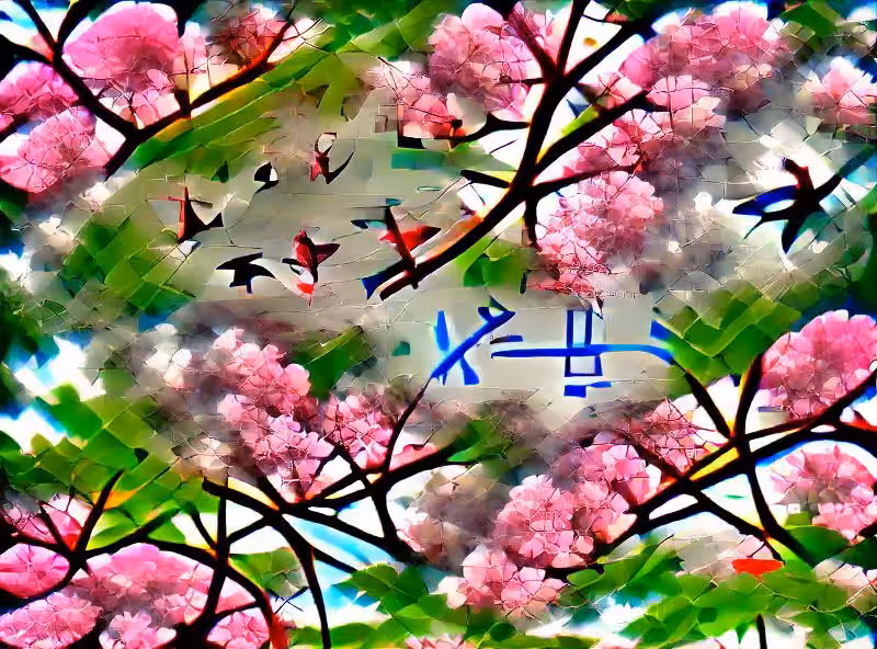laying on the grass looking upwards at cherry blossoms falling and hummingbirds fluttering about