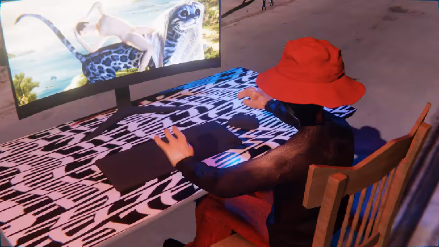 Desktop #88: The Hypebeast in the French Wood Chair With a Drone and a Kitty Monitor on a Pattern Table in Conflict
