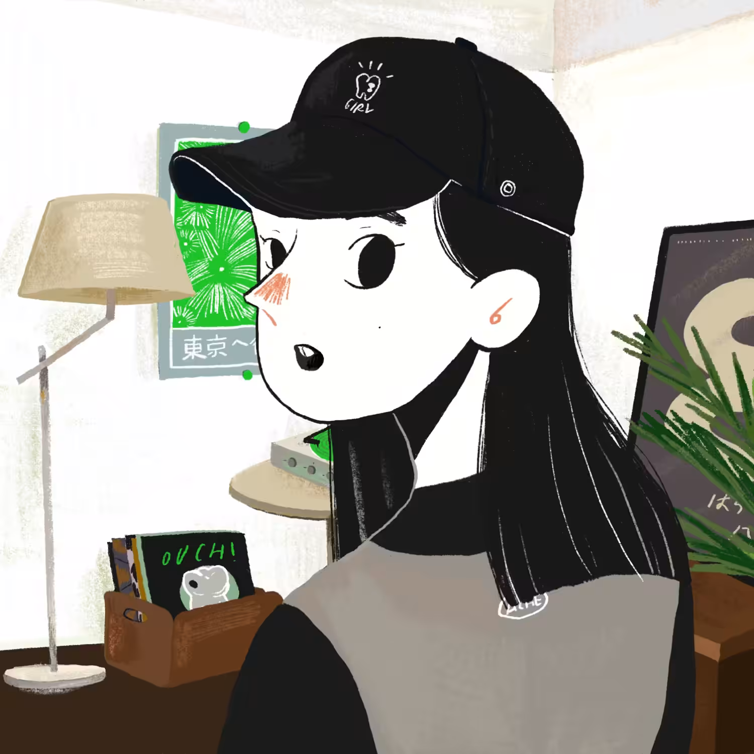 She is in the living room, Wearing her favorite cap - shi