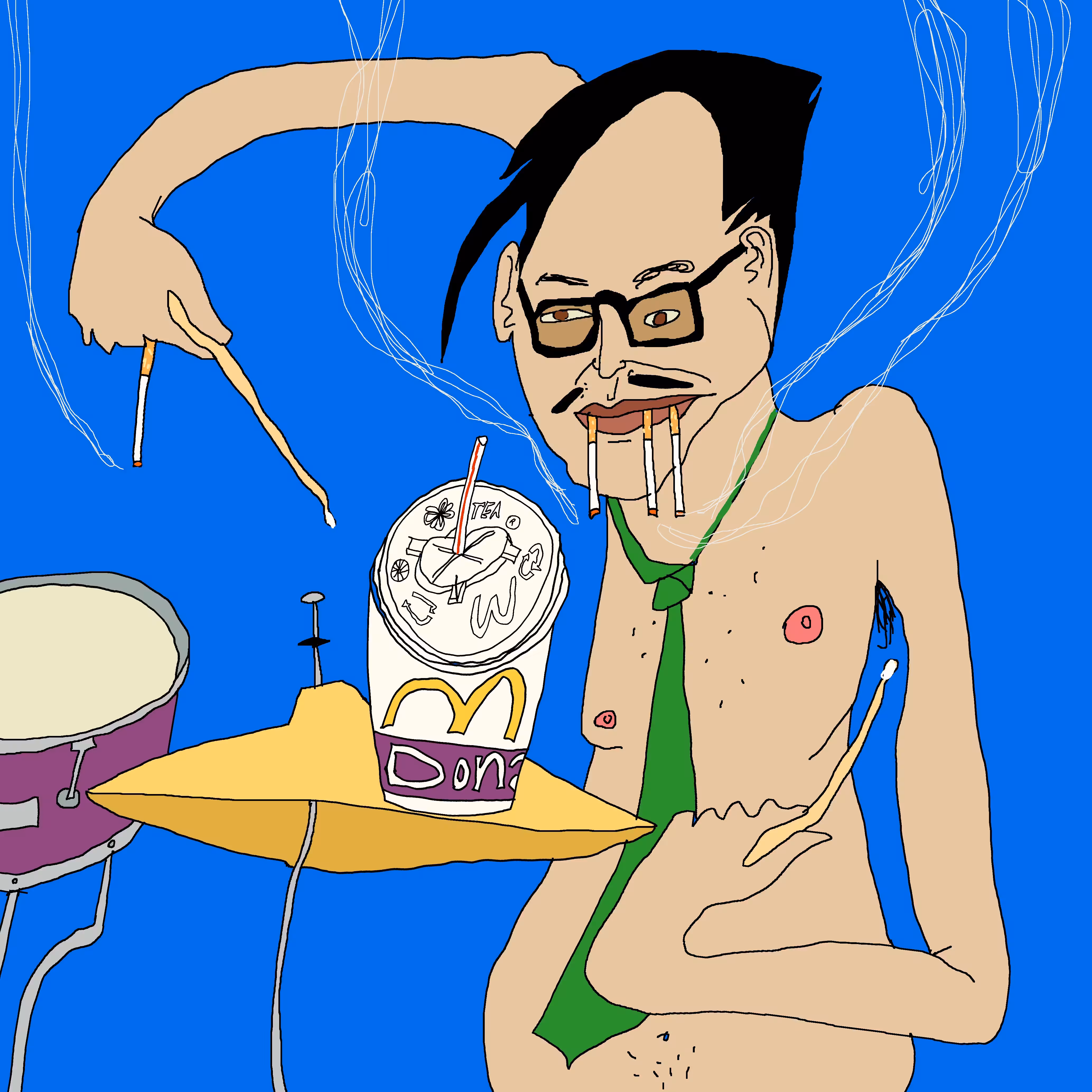 Jazz drummer with four cigarettes and a McDonald's tea