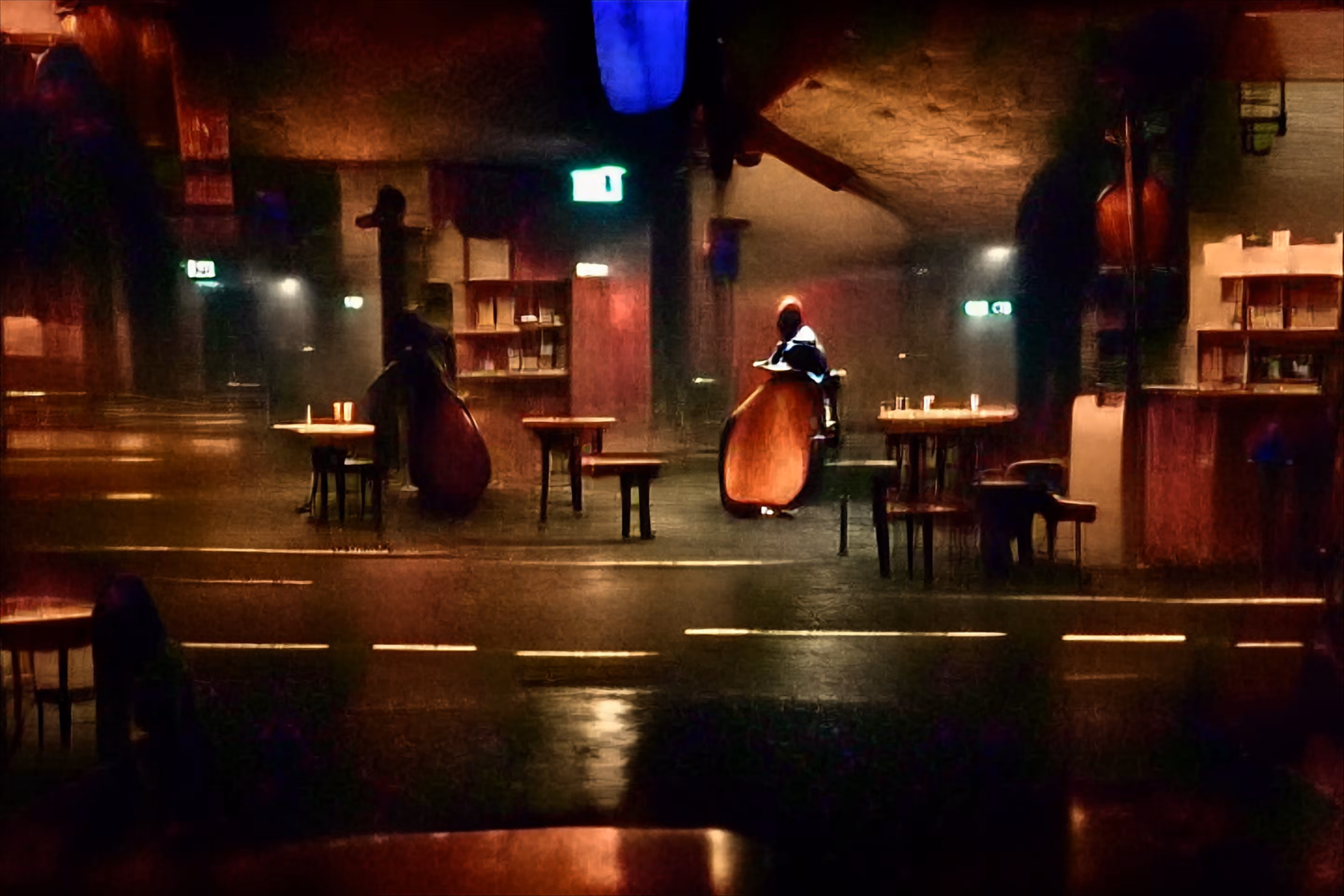 A solitary double bass player in a dimly lit bar in Berlin at 4am