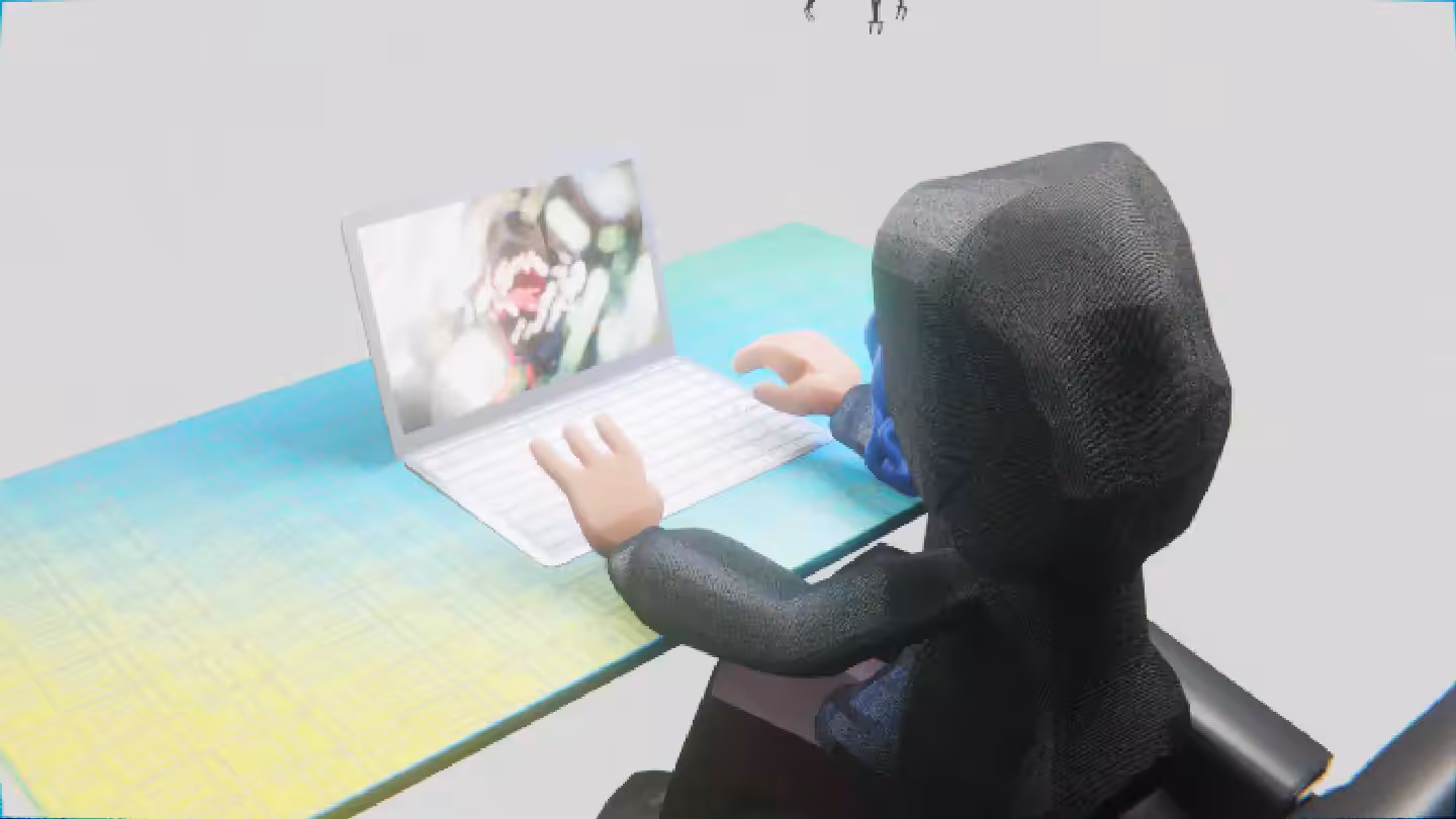 Desktop #263: The Hacker in the Eames Chair With a Drone and a Algo Lite Macbook on a Green FELT Zine Table in The Void
