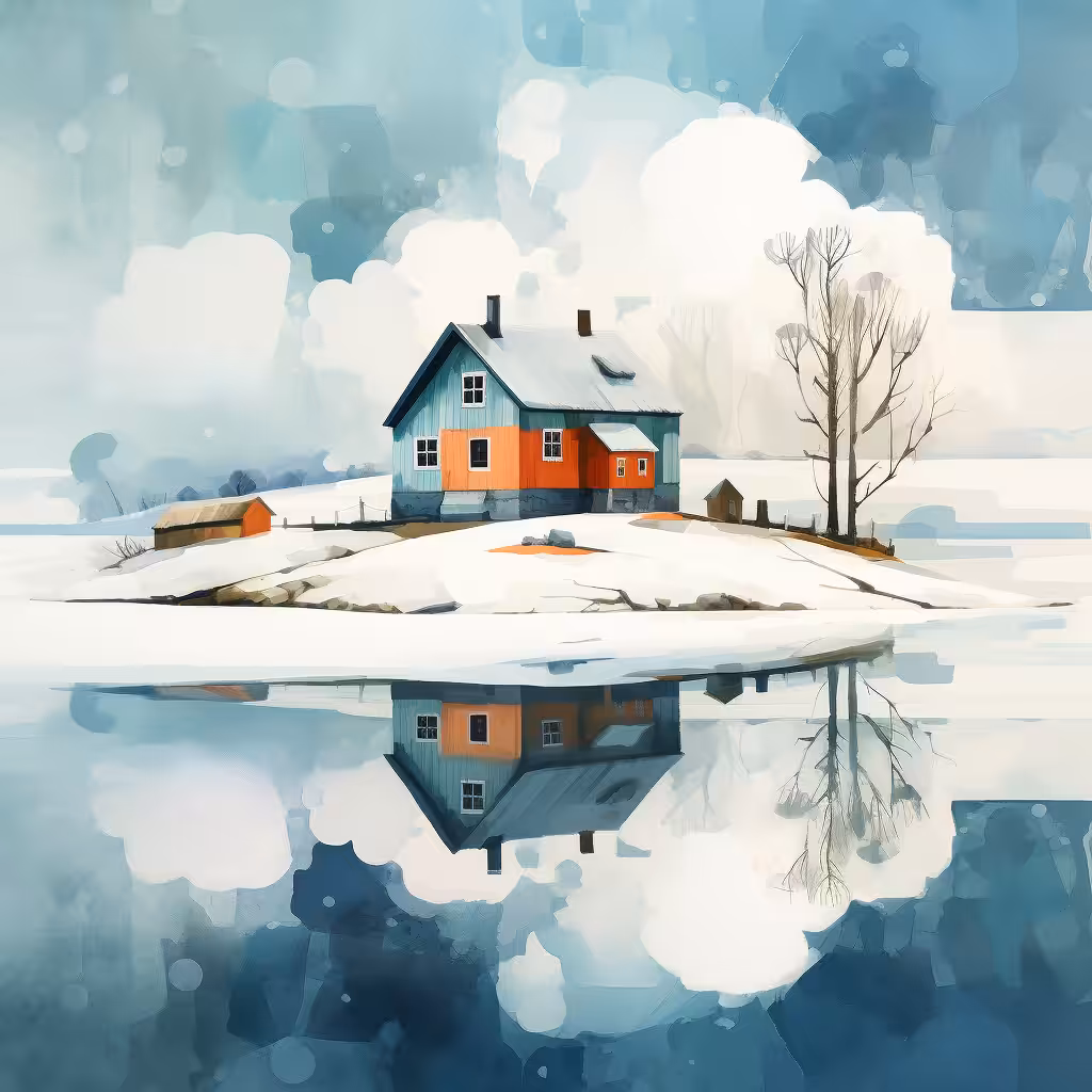 House, lake, snow