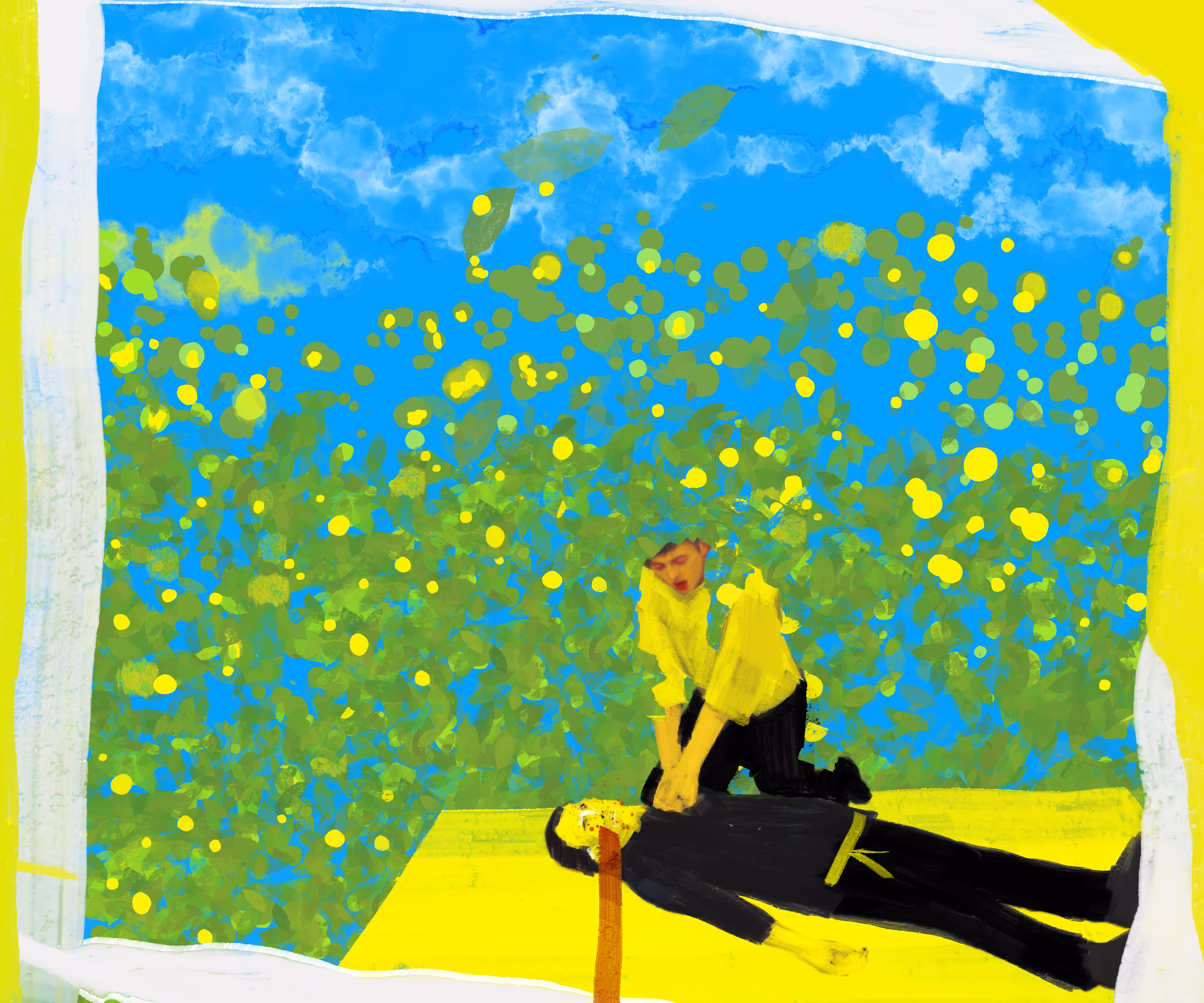 I found a yellow belt karate man in the lemon field. I gave him CPR but he still died. So sad.