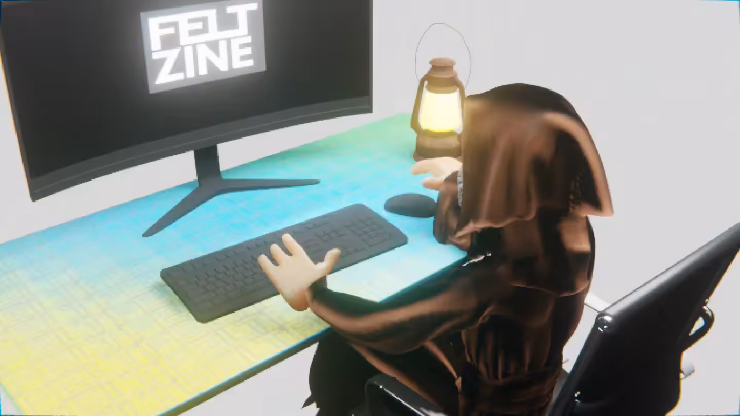 Desktop #195: The Guru in the Black Slim Chair With a Gas Lamp and a Old School Monitor on a Green FELT Zine Table in The Void
