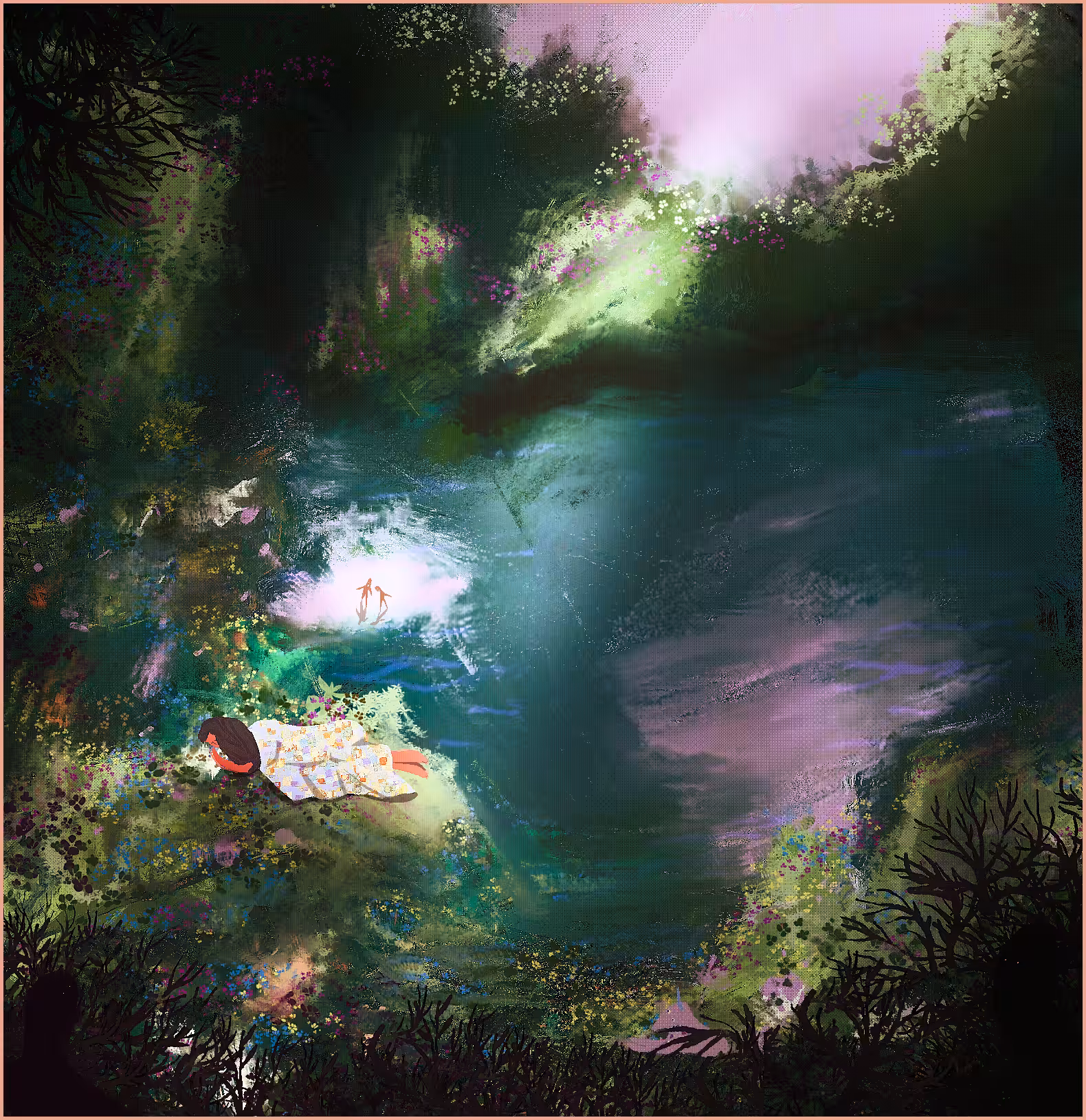 Girl dreaming of an unicorn at a impressionistic garden